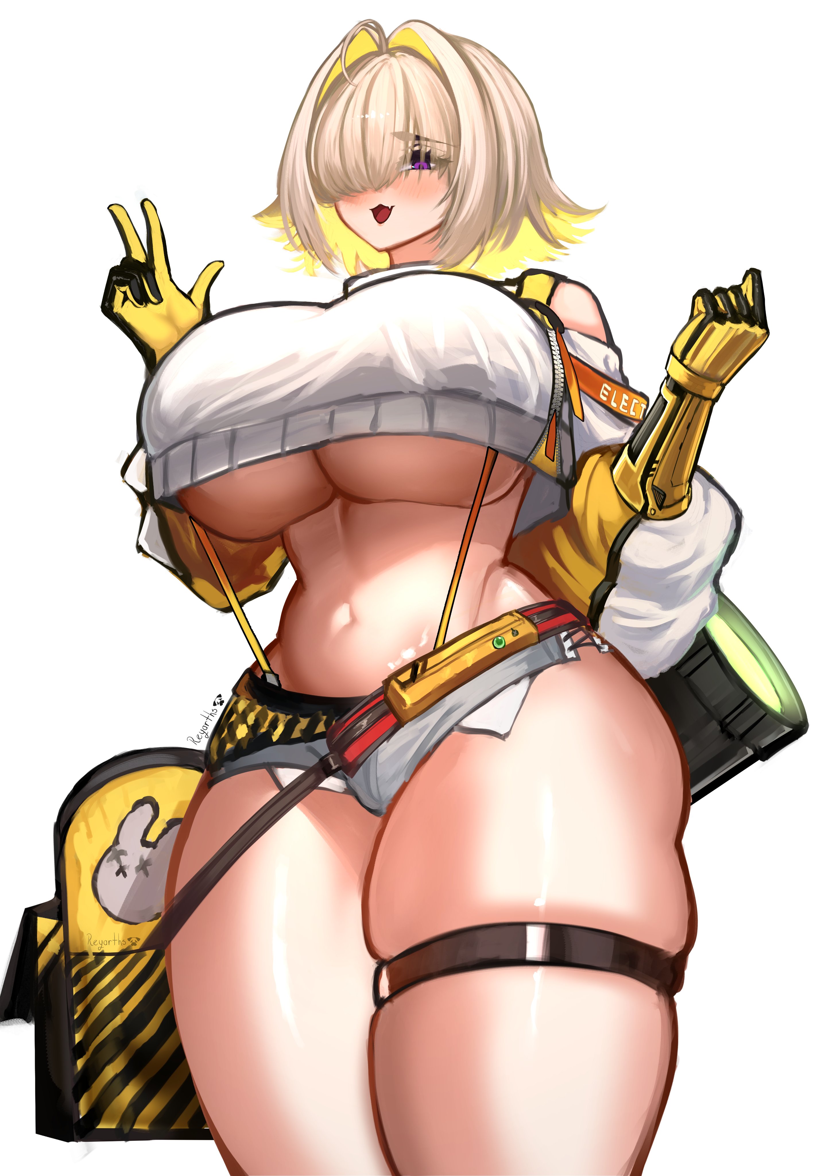 1girls, absurdres, ahoge, black gloves, blonde hair, blush, breasts, clothing cutout, crop top, cropped sweater, elegg (nikke), exposed pocket, female, female only, gloves, grey shorts, hair intakes, hair over eyes, highres, huge breasts, long bangs, long sleeves, micro shorts, multicolored gloves, multicolored hair, navel, open mouth, purple eyes, reyarths, short hair, shorts, shoulder cutout, skindentation, smile, solo, suspender shorts, suspenders, sweater, thigh strap, thighs, two-tone hair, underboob, v, yellow gloves