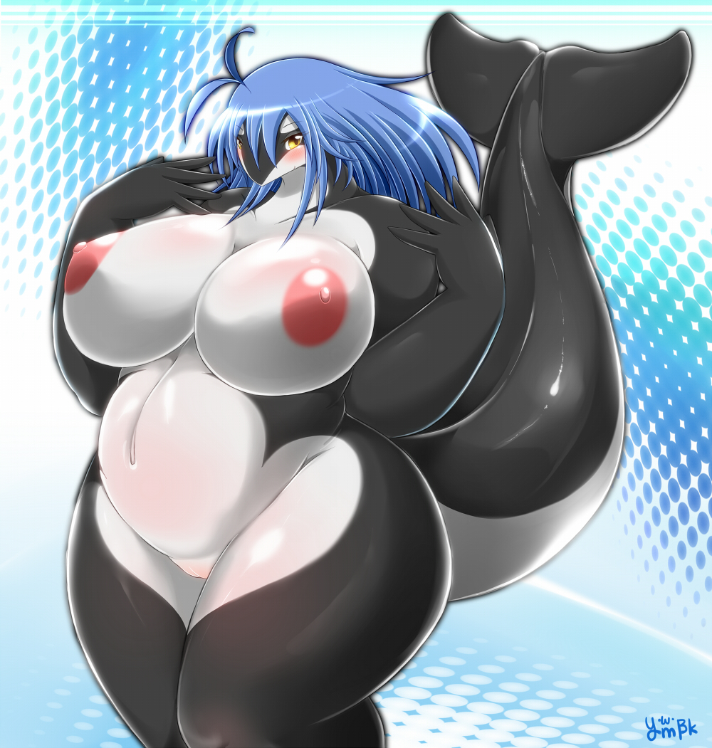 anthro big_breasts blue_hair blush breasts cetacean charme chubby female hair looking_at_viewer marine nude orca pussy solo thick_thighs whale wide_hips yellow_eyes ymbk