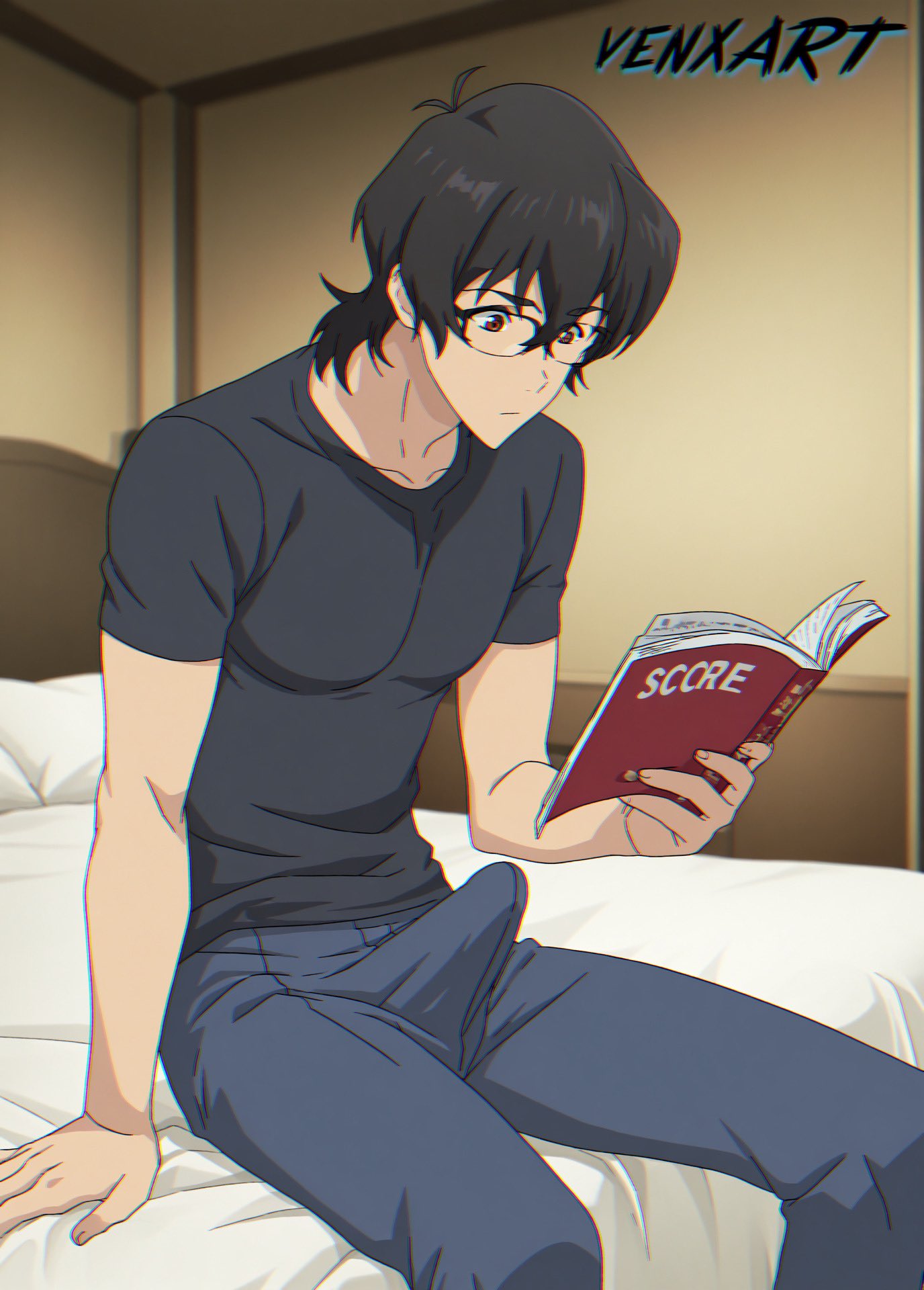 ai_generated bed book bulge gay glasses keith_kogane pants shirt solo venxart voltron yaoi