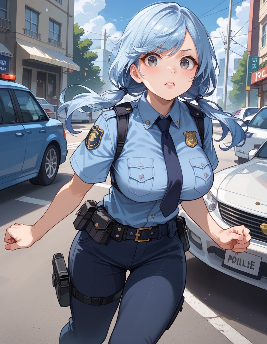 ai_generated blue_hair gym historyia original original_character police_uniform policewoman twintails witch_gem_disaster