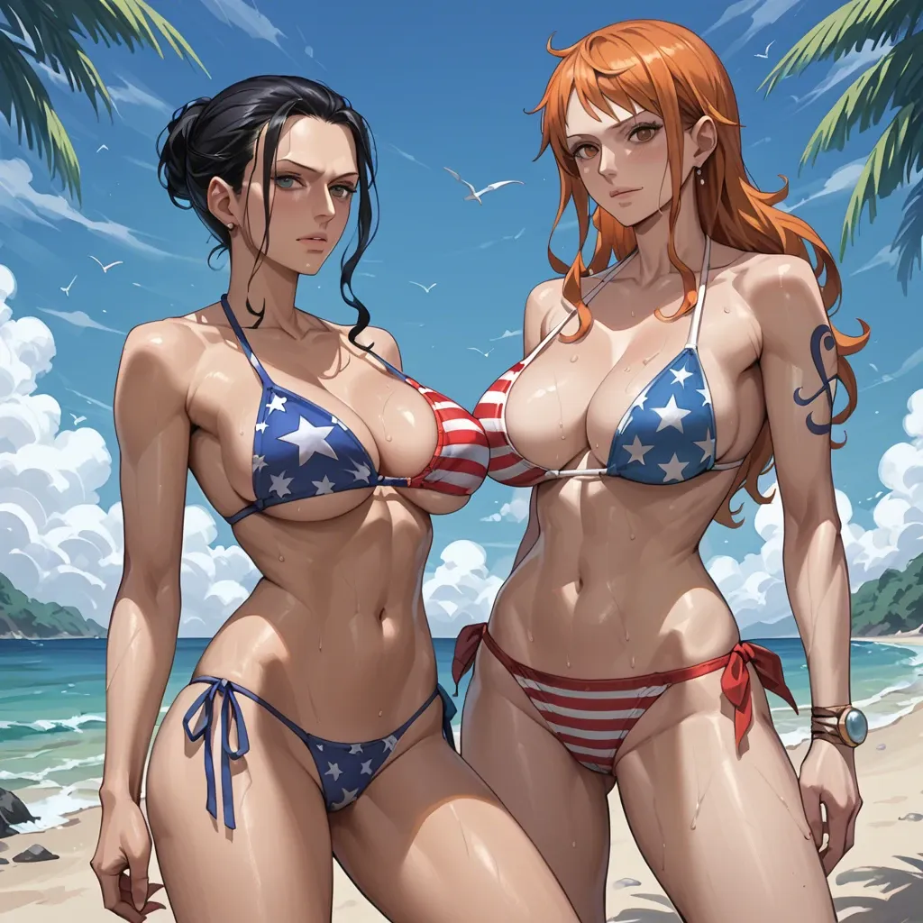 ai_generated american_flag_bikini beach big_breasts black_hair female female_only long_hair nami nami_(one_piece) nico_robin one_piece post-timeskip red_hair redphoenix_