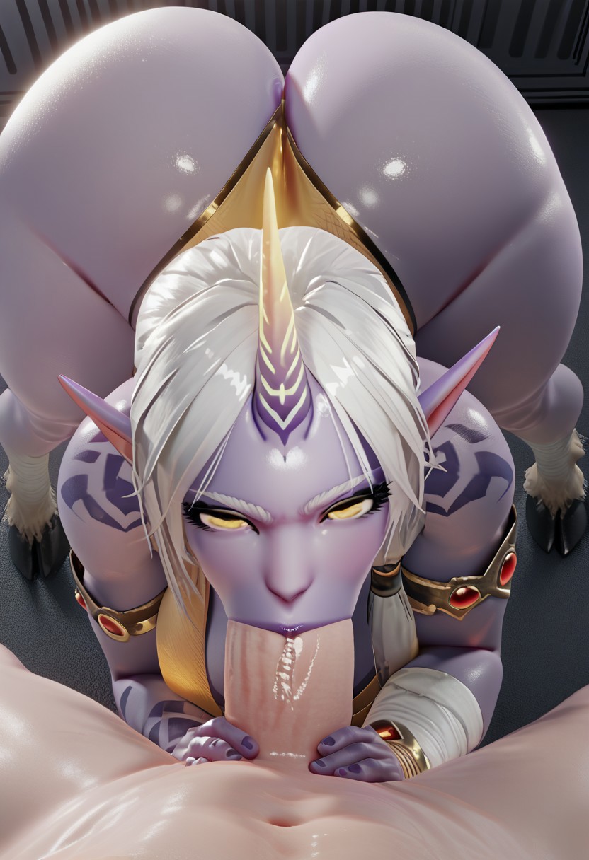:>=, 1boy, 1girls, ai generated, ass, balls, big ass, big balls, big breasts, big butt, big penis, big thighs, blowjob, blowjob face, breasts, cock, dadadi, dick, elf ears, fellatio, female, hand on penis, holding penis, hooves, horn, league of legends, league of legends: wild rift, light skin, light-skinned male, long hair, looking at viewer, male, penis, purple body, purple skin, riot games, soraka, sucking, thick thighs, white hair, yellow eyes