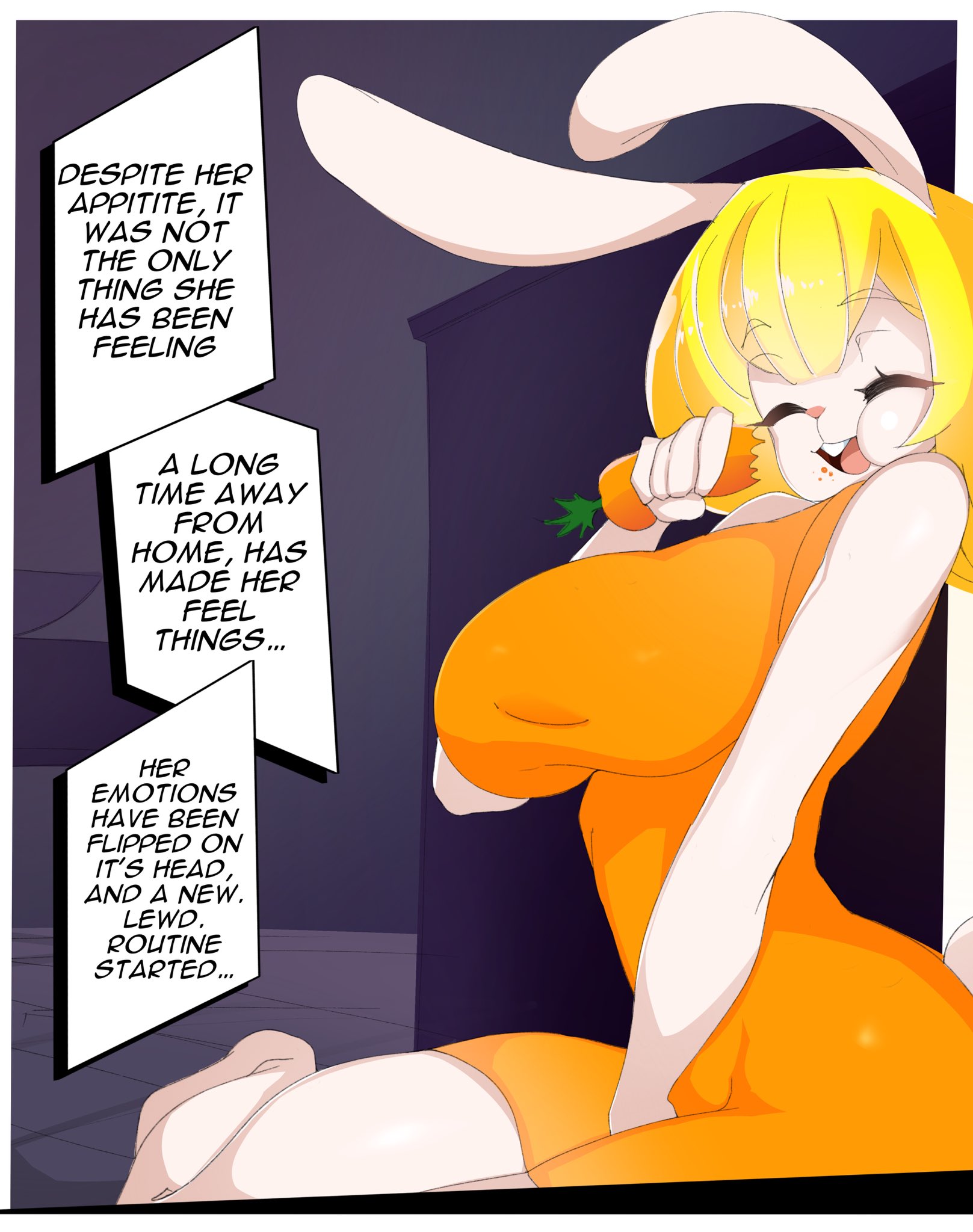 1girls, bare arms, bare legs, bare shoulders, bare thighs, big breasts, blonde hair, blush, breasts, bunny ears, bunny girl, bunny tail, carrot (one piece), clothed, clothing, color, comic, darkwell, english text, female, female focus, female only, hi res, large breasts, one piece, page 2, short hair, shounen jump, solo, solo female, tagme, text, text bubble, thick thighs