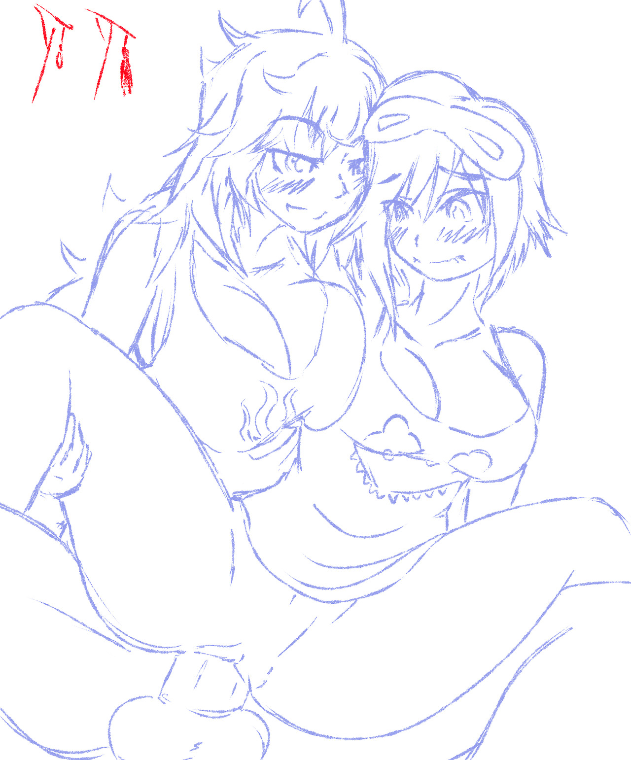 1futa, 1girls, ahoge, biting lip, blue and white, blush, bottomless, female, futa on female, futanari, half siblings, half-sisters, human, incest, intersex, large penis, mostly nude, near monochrome, pajamas, penis, pussy, ruby rose, rwby, siblings, sisters, sketch, suicidetoto, vaginal, yang xiao long