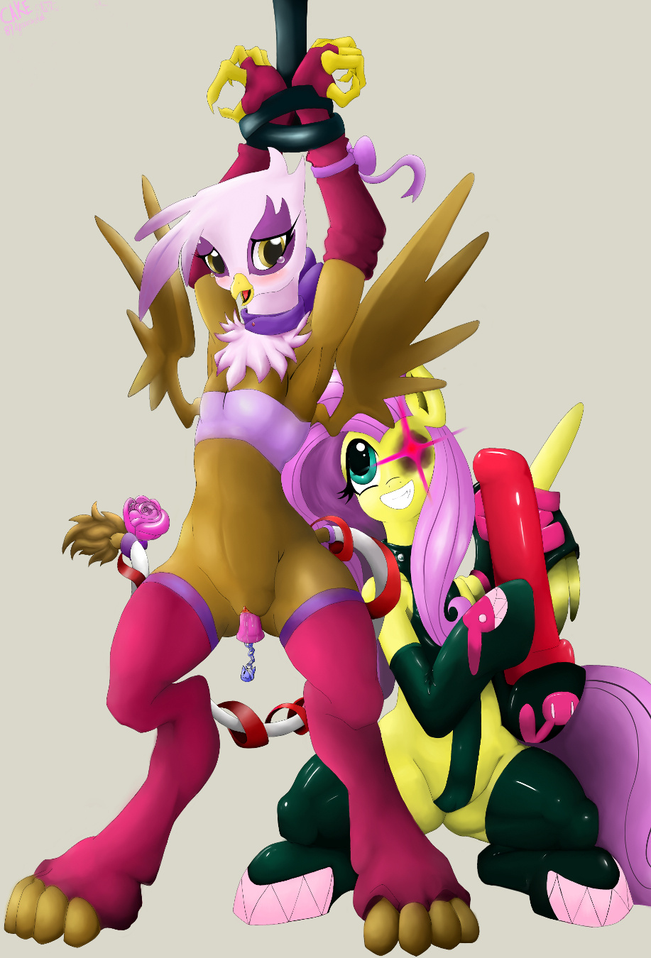 2014 anthro anthrofied avian beak bound brown_fur dildo duo elbow_gloves equine female fingerless_gloves fluttershy_(mlp) friendship_is_magic fur gilda_(mlp) gloves gryphon hair horse insertion long_hair mammal my_little_pony pegasus penetration pink_hair pony pussy pussy_juice restrained ricocake sex_toy straight_hair tears vaginal_insertion vaginal_penetration white_fur wings yuri