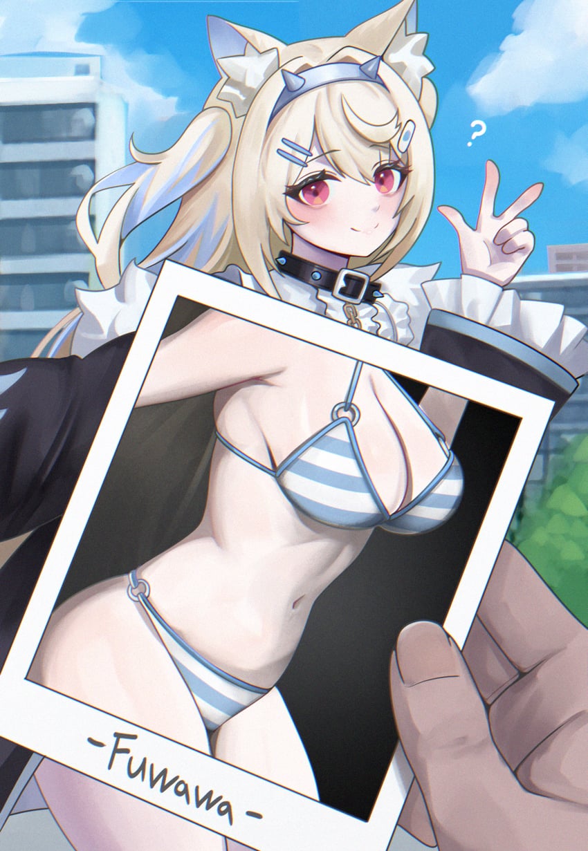 animal_ears big_breasts bikini blonde_hair breasts cleavage collar dalcom female fuwawa_abyssgard hair_ornament hololive hololive_english hololive_english_-advent- large_breasts light-skinned_female light_skin navel oblivious pale-skinned_female pale_skin photo_(object) photo_comparison posing smile striped_bikini swimwear tagme v virtual_youtuber