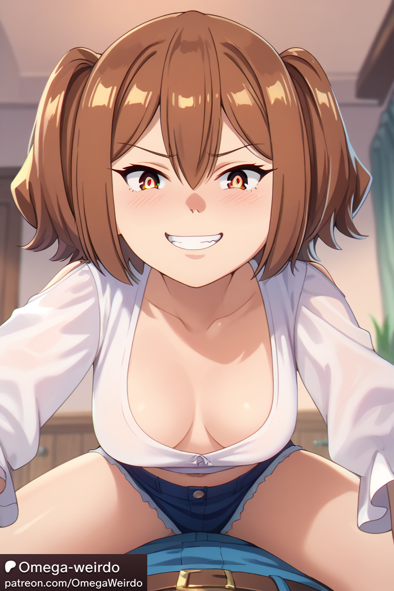 1girl1boy ai_generated brown_eyes brown_hair cleavage evil_smile female frieren_beyond_journey's_end jeans_shorts kanne_(sousou_no_frieren) omega-weirdo patreon shirt smile sousou_no_frieren straddling twintails