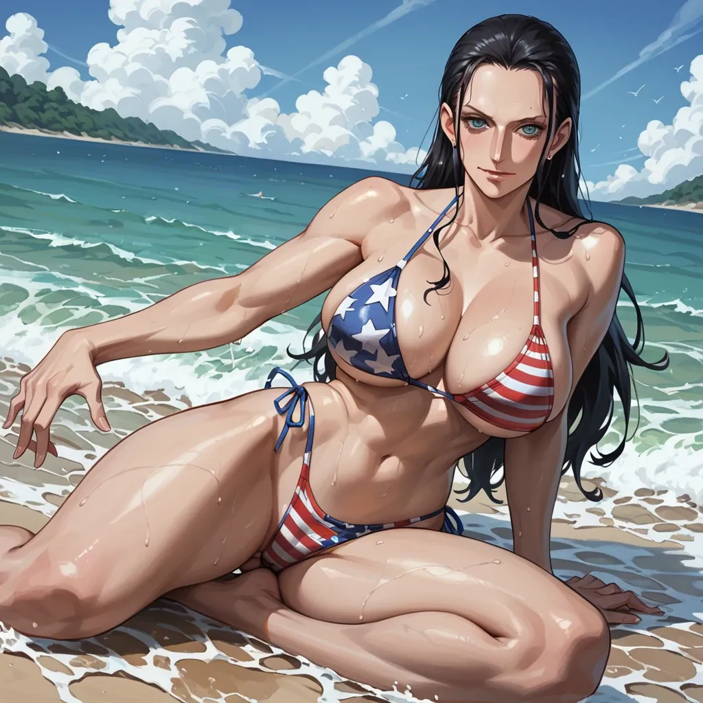 ai_generated american_flag_bikini beach big_breasts black_hair female female_only long_hair nico_robin one_piece redphoenix_