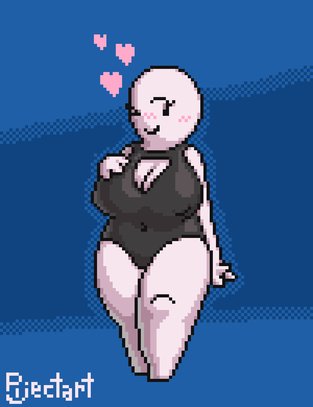 1female 1girls 4_fingers :) bald belly_button belly_button_visible_through_clothing big_breasts big_thighs black_bodysuit black_eyes black_swimsuit blue_background blush blush boob_window cleavage cute cute_expression cute_face eyelashes female full_body hand_on_breast heart heart_symbol huge_breasts huge_thighs knees looking_at_viewer mouth_closed nipple_bulge nipple_outline no_feet no_nose no_shoes pijectart pixel_(artwork) pixel_art playful seductive signature simple_background simple_eyes simple_face smile smiling smiling_at_viewer swimsuit swimwear thighs white_body white_skin wide_thighs wink winking_at_viewer