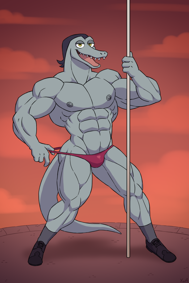 abs anthro biceps clothing cloud dancing dark_hair disney dusk hi_res lizard male muscular neck_muscles nipples pecs pole pole_dancing quads red_clothing red_thong red_underwear reptile scalie septarian smile solo star_vs._the_forces_of_evil tail teeth thong toffee_(svtfoe) triceps underwear undressing_self xun4 yellow_eyes