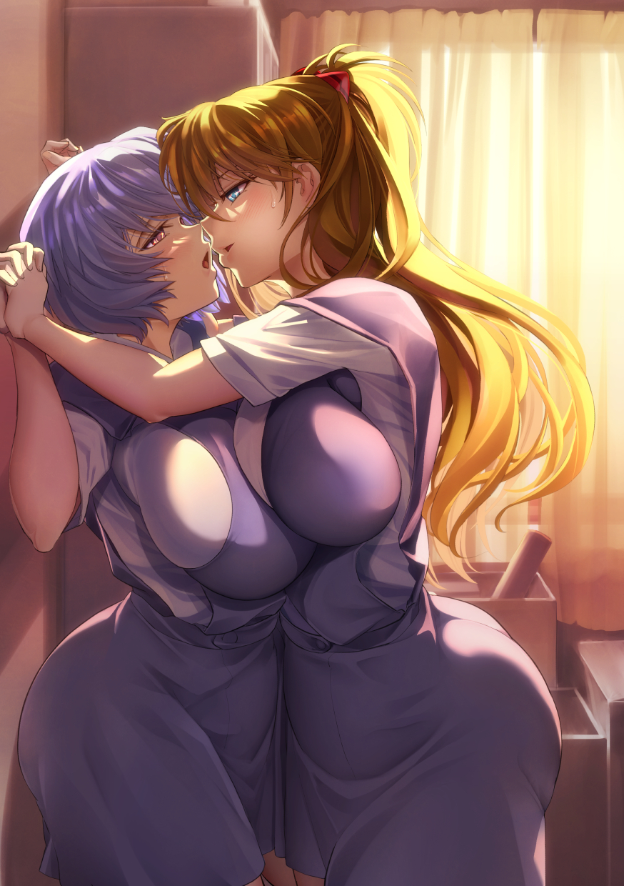 2girls arms_pinned asuka_langley_sohryu big_breasts blonde_hair blue_eyes blue_hair breast_press breasts breasts_pressed_together female highres human indoors kawaraya_a-ta light-skinned_female light_skin long_hair neon_genesis_evangelion orange_hair pale-skinned_female pale_skin pinned_to_wall red_eyes rei_ayanami school_uniform short_hair sweat yuri