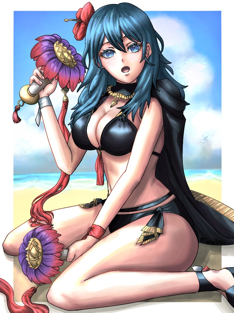 alternate_costume bikini black_bikini black_swimsuit blue_eyes breasts byleth_(female)_(summer)_(fire_emblem) byleth_(fire_emblem) byleth_(fire_emblem)_(female) female female_only fire_emblem fire_emblem:_three_houses fire_emblem_heroes nintendo official_alternate_costume sera31066 solo swimsuit teal_hair