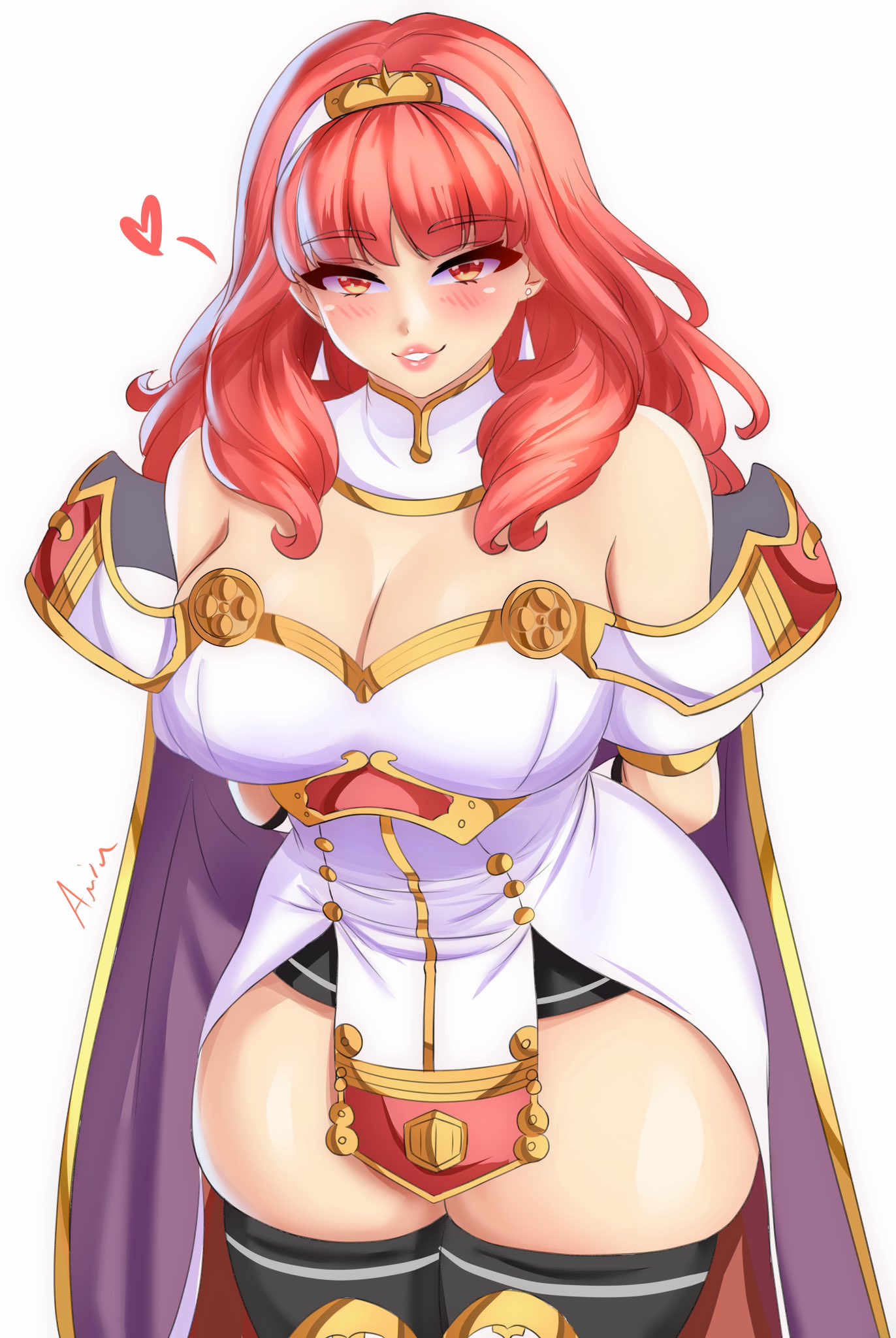 1girls anisdrawn arms_behind_back bare_shoulders bare_thighs black_thighhighs blush breasts cape celica_(fire_emblem) cleavage cowboy_shot dress female female female_only fire_emblem fire_emblem_echoes:_shadows_of_valentia grin hairband heart highres large_breasts long_hair looking_at_viewer nintendo off-shoulder_dress off_shoulder orange_eyes pelvic_curtain pink_lips puffy_short_sleeves puffy_sleeves red_hair short_sleeves skindentation smile solo standing thick_thighs thighhighs thighs white_dress white_hairband