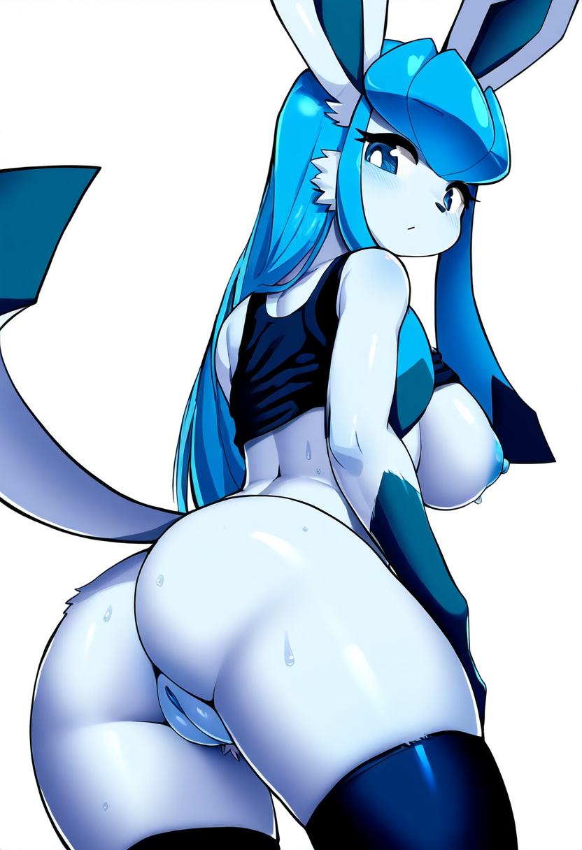 ai generated, anthro, breasts, eeveelution, female, female only, glaceon, legwear, looking back, nai diffusion, nintendo, nipples, novelai, pokemon, pokemon (species), presenting hindquarters, pussy, self upload, shirt lift, sweat, weedvee420