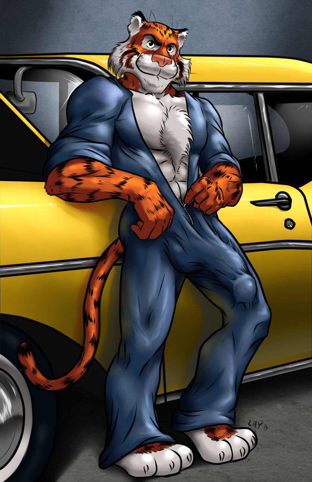 abs anthro balls biceps big_penis bulge car chest_tuft clamories feline fur grin jumpsuit looking_at_viewer male male_only mammal mechanic muscles pecs penis pose solo tiger tuft undressing zipper