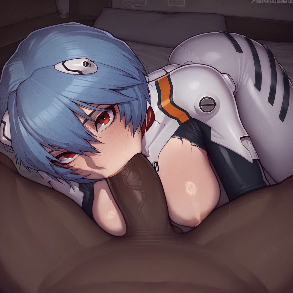 1boy, 1girls, ai generated, ass, bald, balls, big ass, big balls, big butt, big penis, big thighs, blowjob, blowjob face, blue hair, blush, bodysuit, breasts, dark skin, dark-skinned male, eye contact, faceless male, fellatio, female, female focus, huge ass, huge balls, huge butt, huge cock, huge thighs, human, kneeling, light skin, light-skinned female, male, medium breasts, muscular, muscular male, neon genesis evangelion, nipples, oral, pale skin, pale-skinned female, penis, pilot suit, plugsuit, pov, red eyes, rei ayanami, short hair, small breasts, torn clothes, wanuze, wide hips