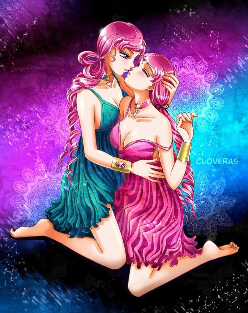 2girls bishoujo_senshi_sailor_moon breasts clothing cloveras dress female female_only headdress human incest jewelry medium_breasts pale-skinned_female pale_skin pink_hair sailor_lethe sailor_mnemosyne shadow_galactica sisters villainess yuri