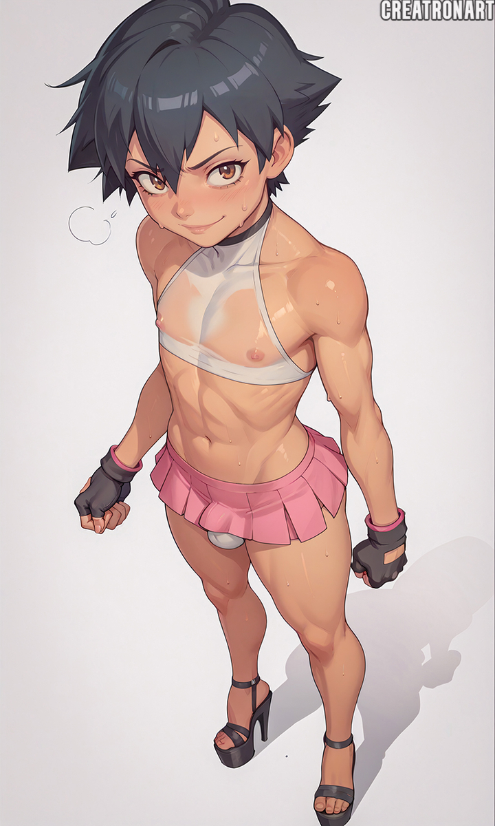 1boy ai_generated artist_name ash_ketchum brown_eyes bulge creatronart crop_top crossdressing femboy fingerless_gloves gloves high_heels male male_only miniskirt platform_heels pokemon satoshi_(pokemon) see-through_clothing skirt solo sweat transparent_clothing