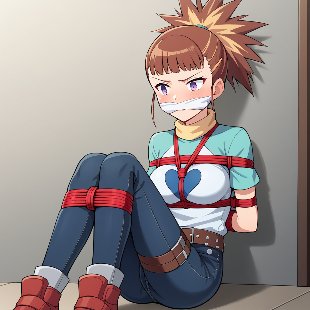 ai_generated arms_tied_behind_back blonde_highlights bondage bound_legs brown_hair cleave_gag digimon digimon_tamers female gag gagged purple_eyes rika_nonaka sitting