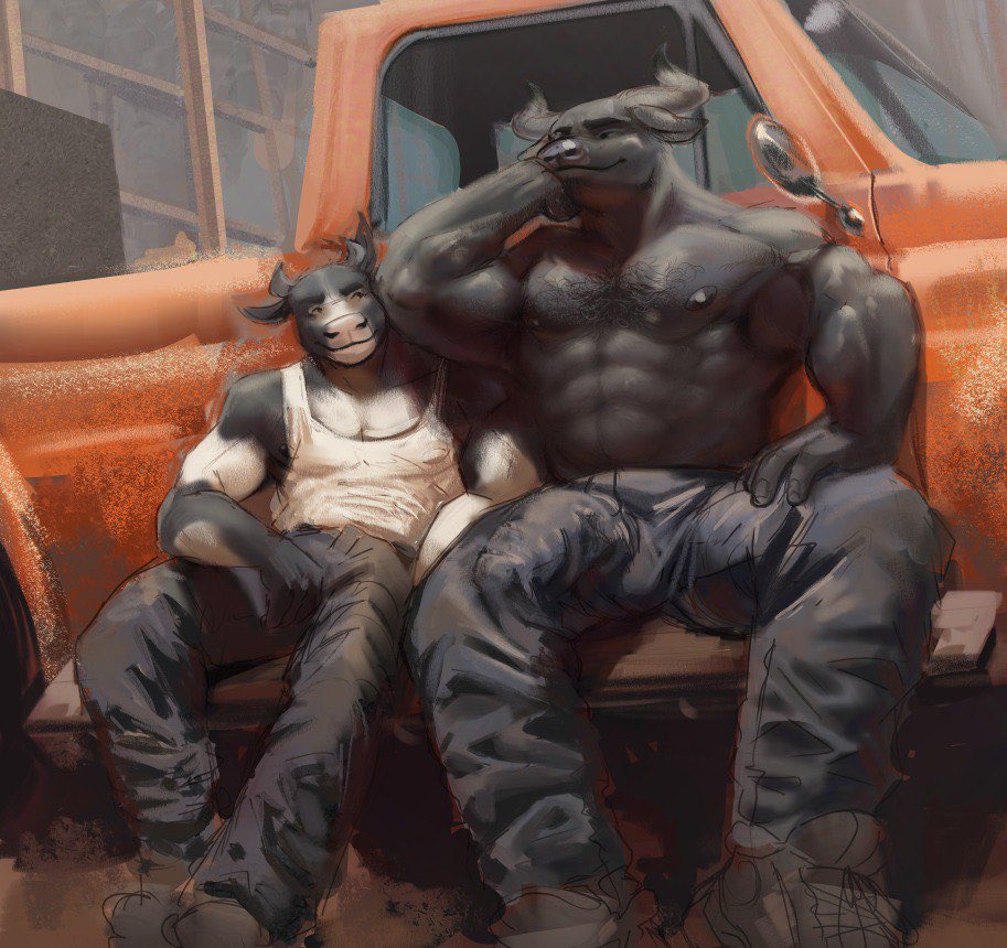 2024 abs anthro armpit_hair barazoku biceps big_bulge black_hair body_hair boots bottomwear bovid bovine bulge cattle chest_hair clothed clothing construction_site deltoids detailed_bulge duo eye_contact footwear forearm_muscles genital_outline hair hand_on_head hand_on_leg horn light_truck littleoliviern looking_at_another male male/male mammal manly muscular nipple_outline nipples obliques outside pants pecs penis_outline pickup_truck resting_head shirt shoes sitting smile tank_top topless topwear triceps truck truck_(vehicle) unfinished vehicle white_clothing white_shirt white_tank_top white_topwear