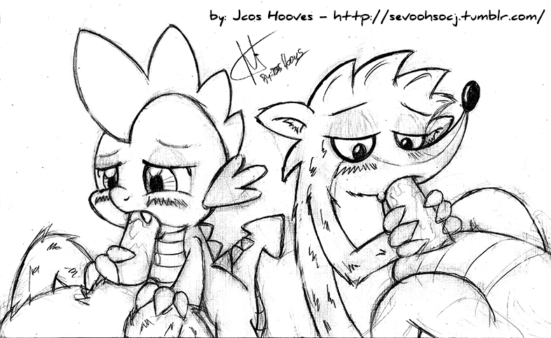 anthro balls black_and_white blush claws dragon drooling duo fangs fellatio friendship_is_magic fur furry furry_only gay half-closed_eyes hands jcoshooves lips male monochrome my_little_pony oral oral_sex paws penis plain_background raccoon regular_show rigby saliva scales sex smooth_fur spike_(mlp) white_background young