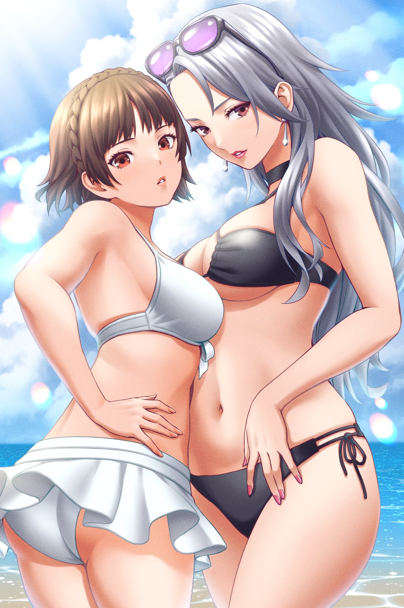 2girls, ass, atlus, beach, big breasts, bikini, bikini bottom, bikini only, bikini top, black bikini, breasts, female, female focus, female only, glasses, glasses on head, grey hair, large breasts, looking at viewer, makoto niijima, masatoshi 1219, nail polish, persona, persona 5, sae niijima, sisters, skirt, swimsuit, white bikini