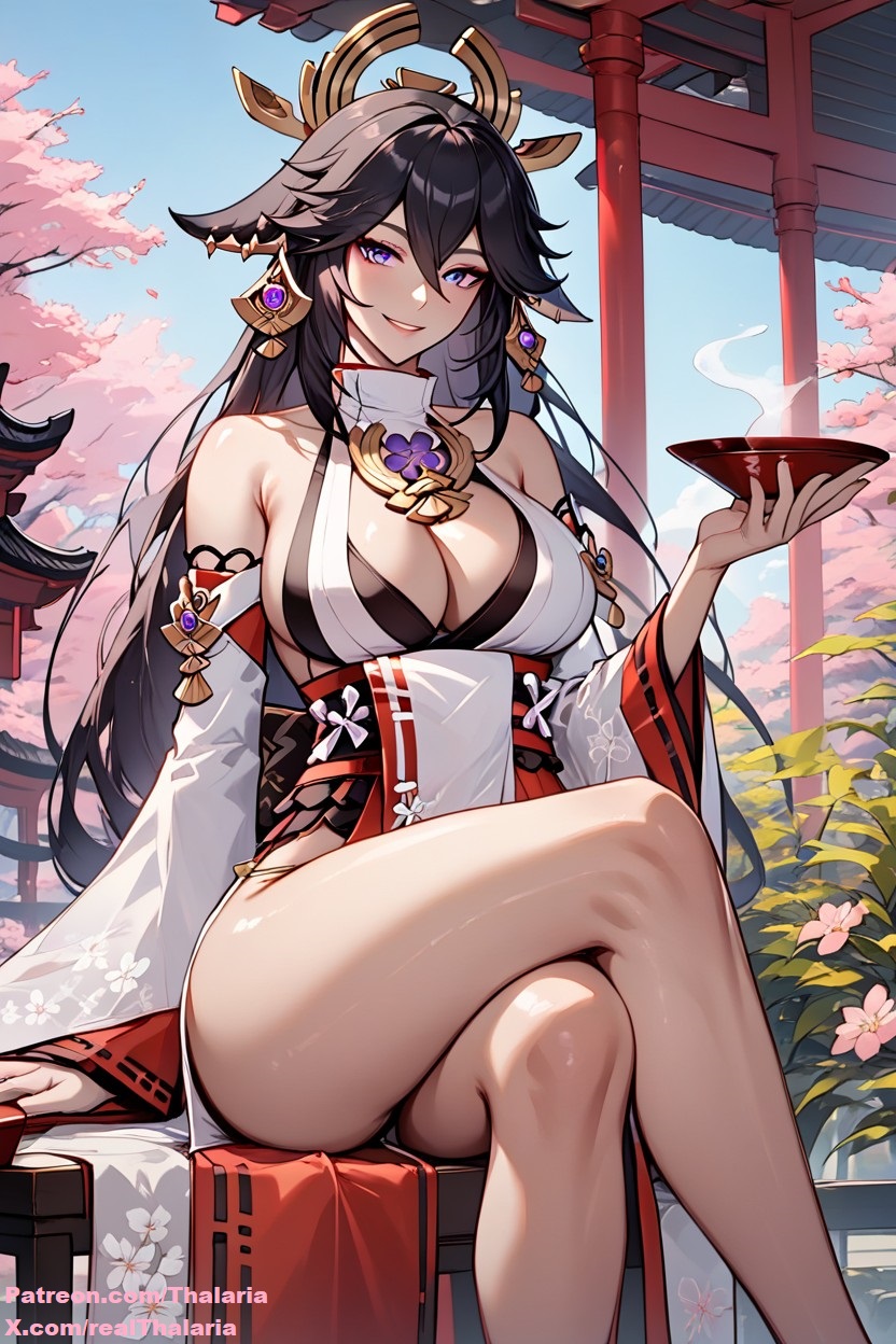 ai_generated black_hair cleavage crossed_legs earrings female female_focus female_only genshin_impact hair_ornament large_breasts sake_cup sakura_tree sitting sitting_cross_legged thalaria!! thin_waist yae_miko