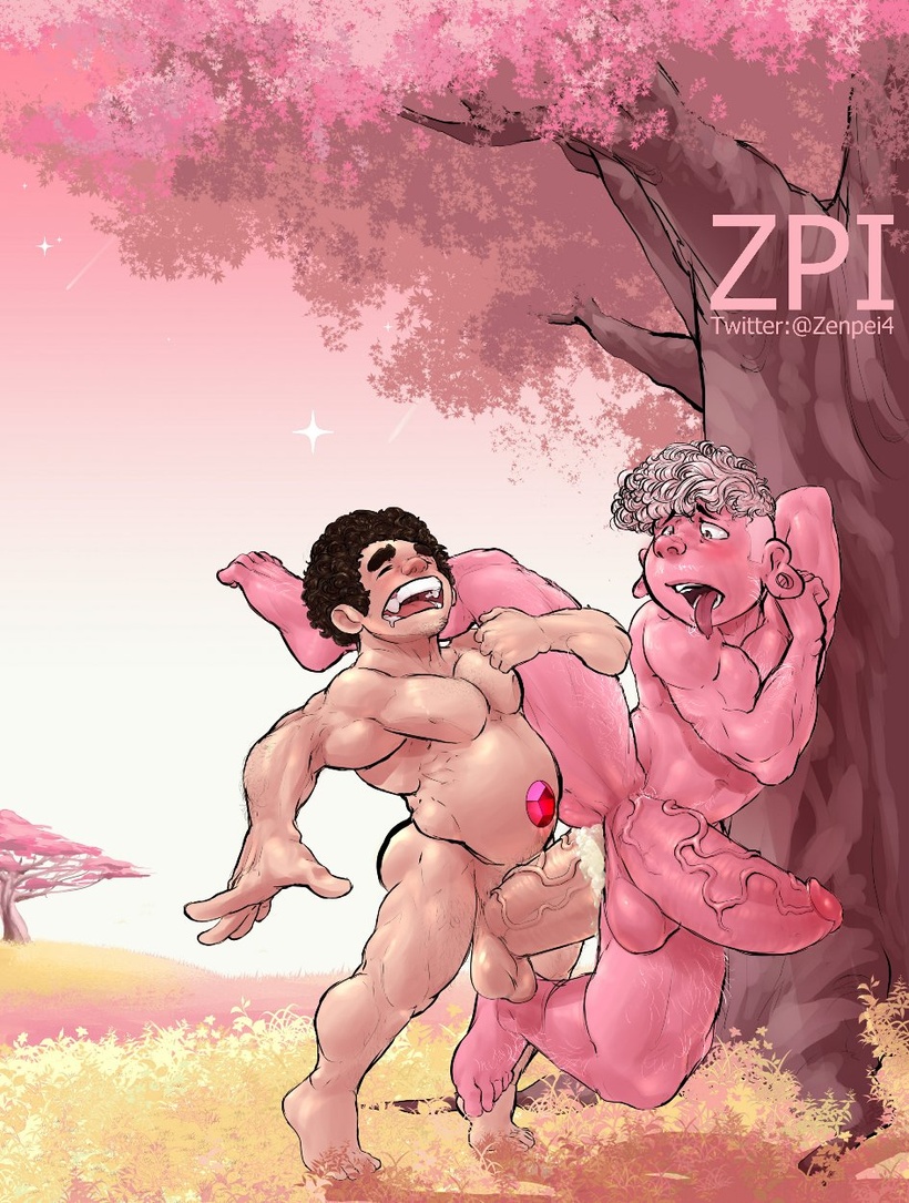 anal anal_sex balls bara big_penis blush boner closed_eyes cum cum_in_ass cum_inside erection gay gay_sex gem_(species) lars_barriga male male_only muscles muscular nude off_colors_(steven_universe) penis pink_body pink_skin sex size_difference spread_legs steven_quartz_universe steven_universe tongue_out zenpei