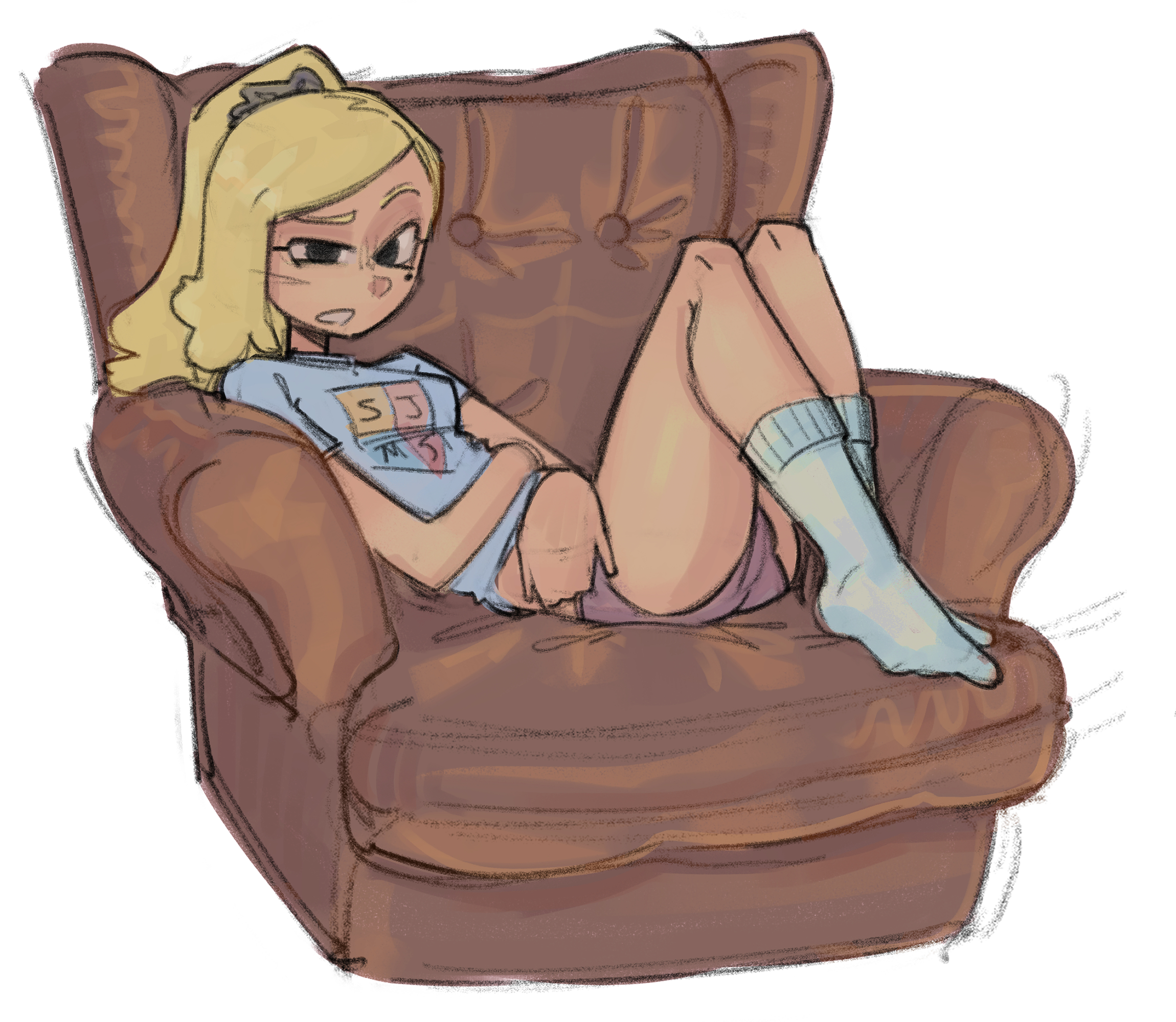 1girls, amphibia, amphibia (series), black eyes, blonde hair, color, couch, disney channel, fanart, female, female focus, female only, full body, fully clothed, human, human only, light skin, long hair, looking at viewer, lying on back, mole, mole under eye, ponytail, sasha waybright, school uniform, short shorts, shorts, sketch, skuunk02, socks, twitter link, white background