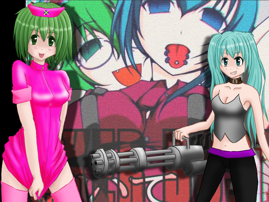 2013 2girls aqua_eyes aqua_hair black_eyebrows black_pants blue_eyebrows blue_eyes blue_hair blush bunker_busters_(vocaloid) buttoned_shirt choker cleavage collarbone dark_green_eyes deviantart_link deviantart_username dot_nose duo ell182a_(masa_works_design) english_text eyebrows eyebrows_visible_through_hair fallenangel1017_(bramblychan) glasses green_eyes green_hair grin gumi gumi_(bunker_busters) hatsune_miku hatsune_miku_(bunker_busters) japanese_text long_hair looking_at_viewer masa_works_design navel nurse nurse_hat nurse_outfit oerba_yun_fang pink_nurse_outfit pink_thighhighs purple_glasses reference_image round_glasses short_sleeves teeth text tongue tongue_out tongue_piercing twintails vocaloid