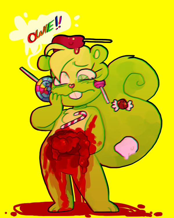 blood blood_on_hand blood_splatter blush_lines buckteeth candy candy_stuck_on_fur derp_eyes digital_drawing_(artwork) digital_media_(artwork) disembowelment english_text eyelashes furry gore green_eyes green_fur guro guts happy_tree_friends heart_nose heterochromatic_eyes heterochromatic_pupils heterochromia holding_guts lollipop male mondo_media no_genitals nutty_(htf) pain squirrel unbothered winslowsfaust worried worried_expression yellow_background