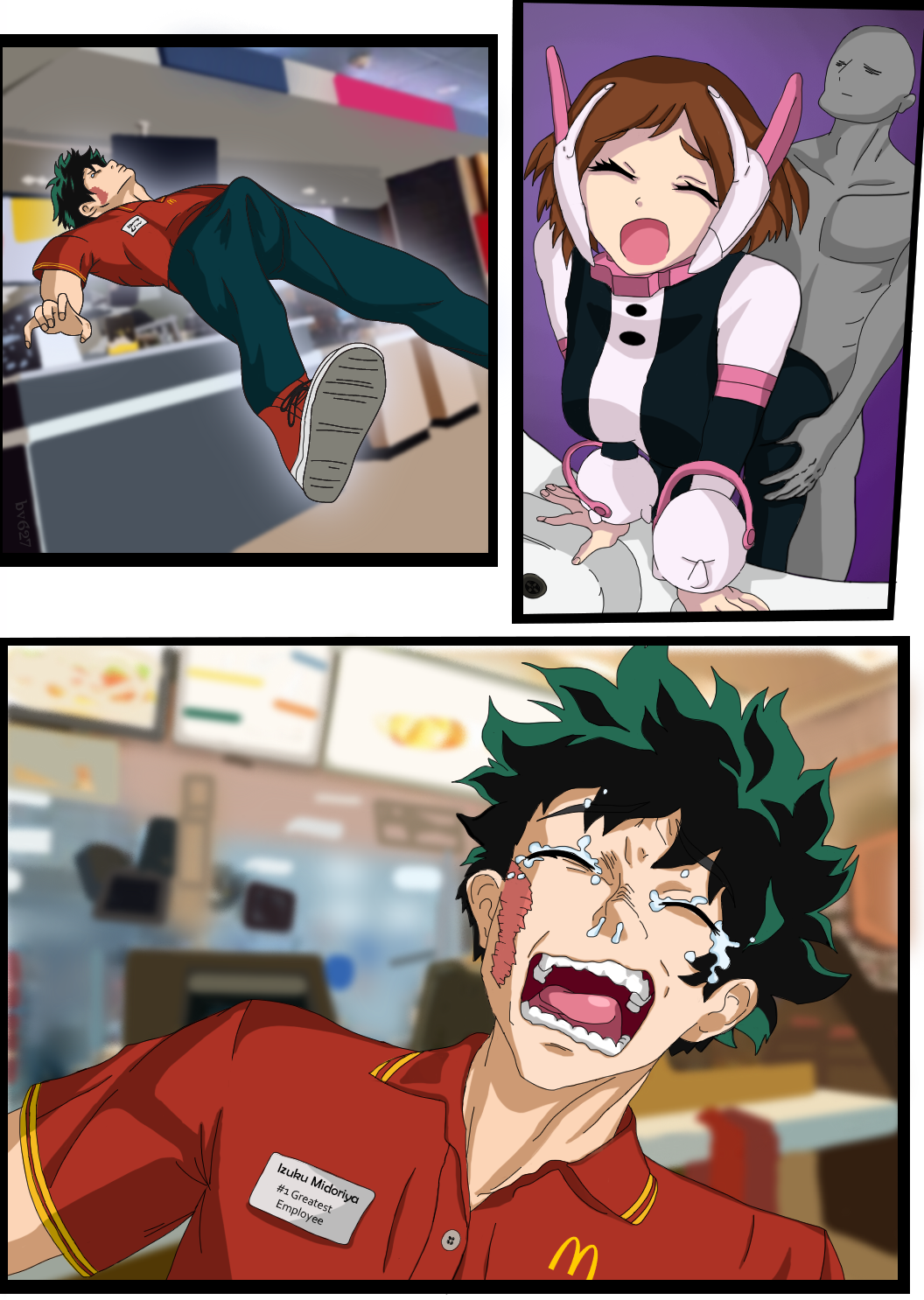 1girls 2boys aged_up artist_request crying cuck cuckold employee_uniform fast_food_employee fast_food_uniform female hero_outfit_(mha) izuku_midoriya kazuya_crying_(meme) male mcdonald's meme my_hero_academia netorare ntr ochako_uraraka parody