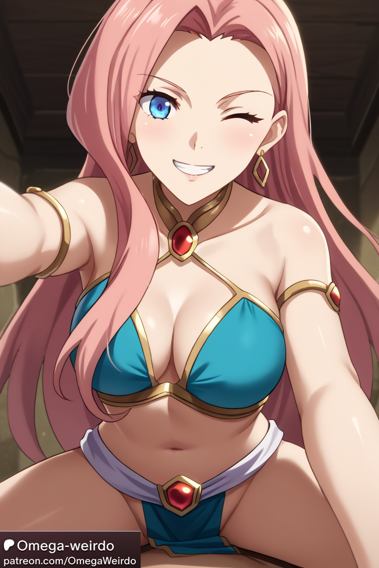 1girl1boy ai_generated blue_eyes dancer_outfit earrings eclair_seaetto female indoors_sex long_hair looking_at_viewer omega-weirdo patreon pink_hair smile straddling tate_no_yuusha_no_nariagari wink