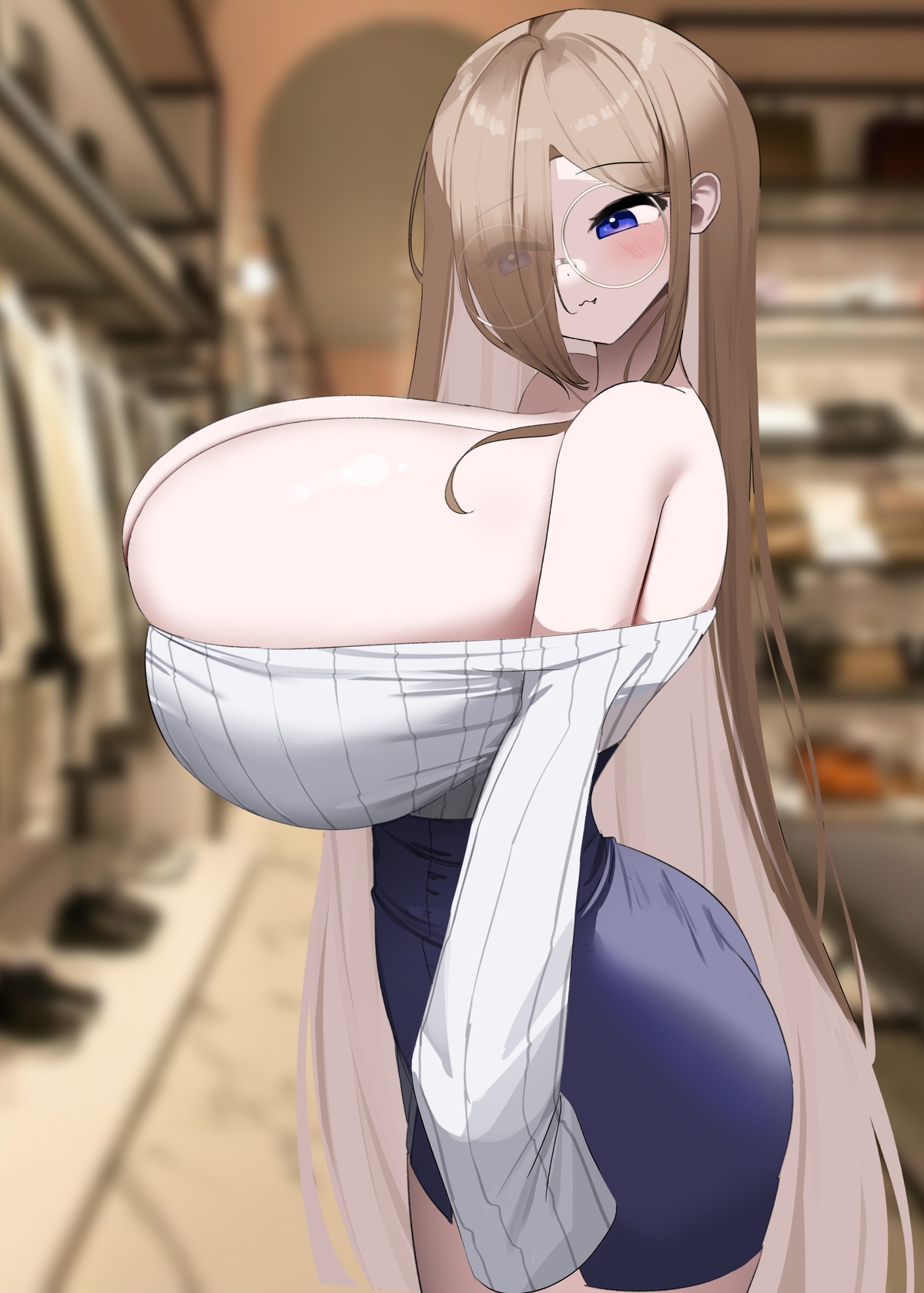 1girls, arms at sides, ass, breasts, breasts bigger than head, bursting breasts, cleavage, eyes visible through hair, female, female focus, gigantic breasts, glasses, hair over one eye, huge breasts, light brown hair, long hair, mama (nicorima), nicorima, oc, original, original character, purple eyes, sideboob, skirt, store, sweater, thighs