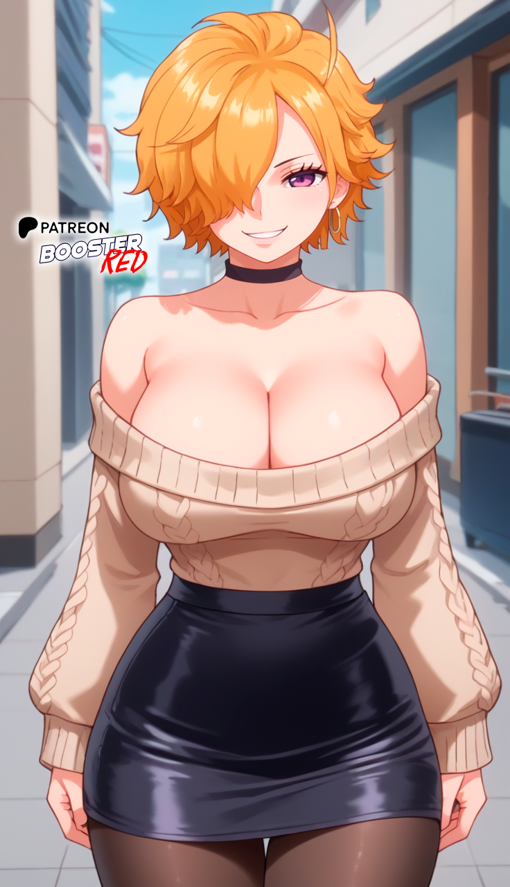 ai_generated aran_sweater bare_shoulders black_choker black_pantyhose black_skin boosterred99 choker cleavage clothing collarbone female female_only long_sleeves naughty_face one_piece orange_hair pantyhose pencil_skirt pony_diffusion_xl purple_eyes short_hair skirt strapless sweater vegapunk_lilith