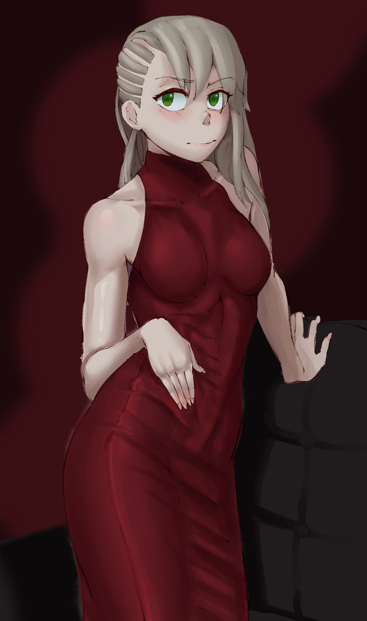 big_eyes blonde_hair blush green_eyes maka_albarn mobi_mobi no_sleeves red_dress sketch soul_eater tagme tight_dress