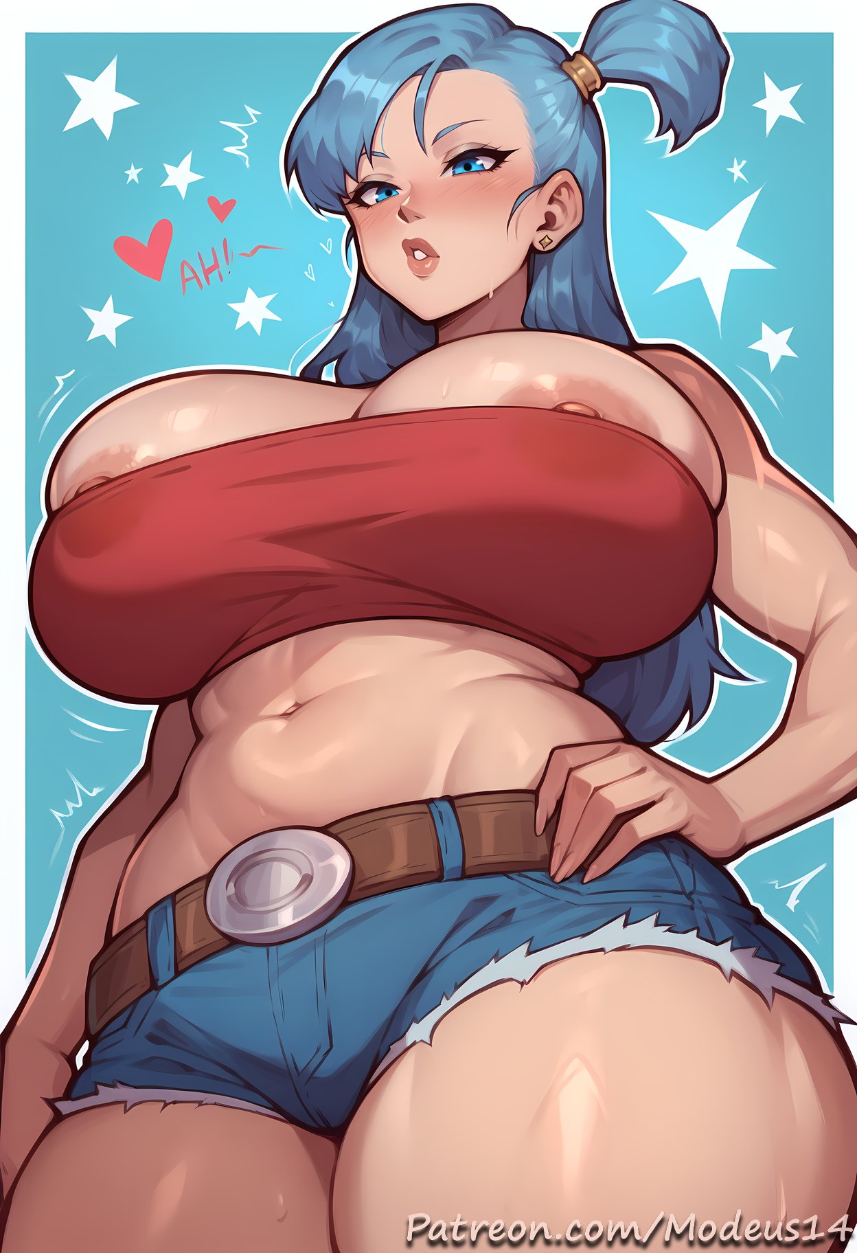 ai_generated bare_thighs blue_eyes blue_hair blush bulma_briefs dragon_ball dragon_ball_(classic) gigantic_breasts huge_breasts huge_thighs light-skinned_female light_skin long_hair looking_down low-angle_view massive_breasts modeus14 short_shorts side_ponytail solo_female squatting sweatdrop thick_body thick_female thick_thighs thighs topless voluptuous voluptuous_female wet