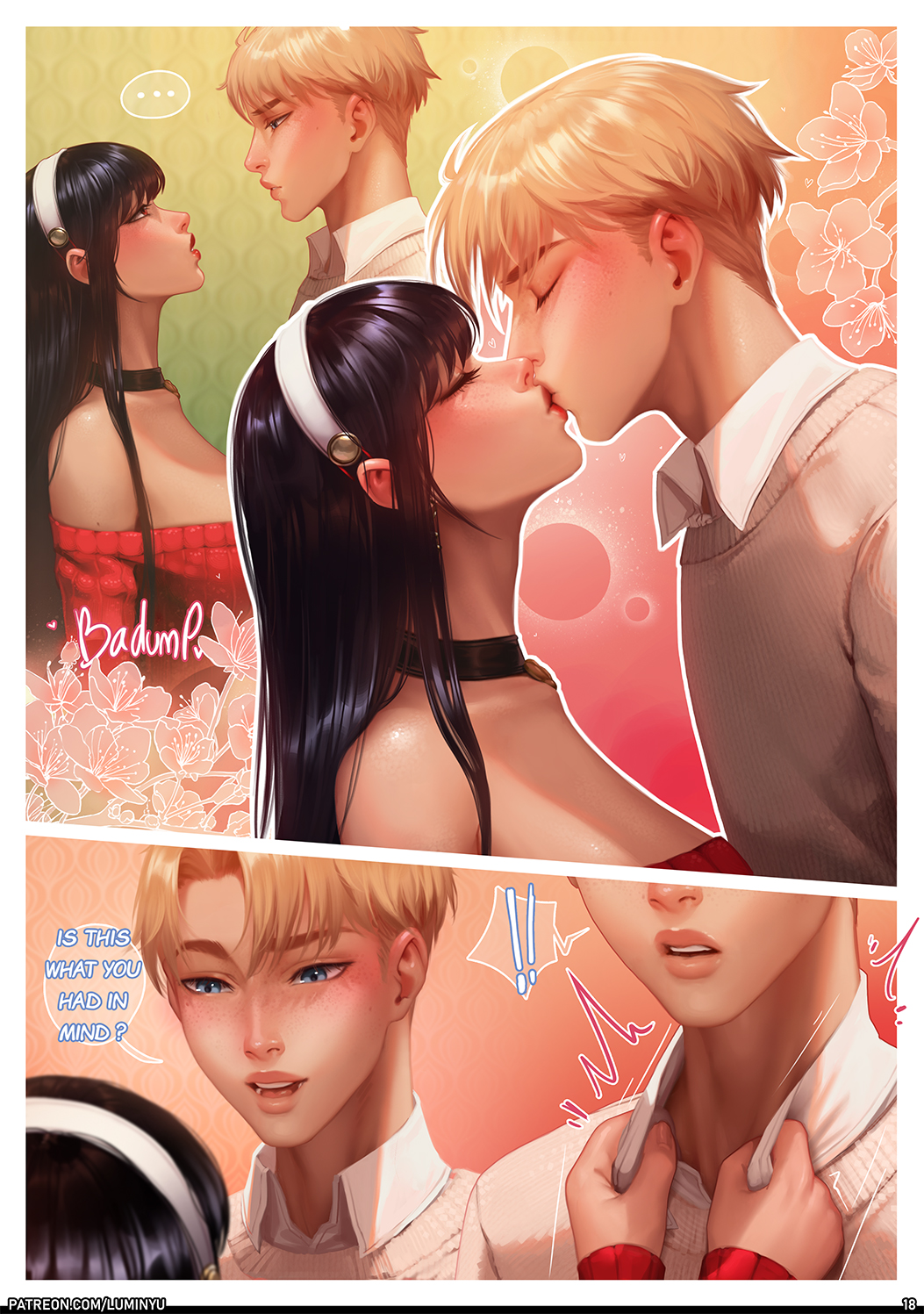 1boy, 1girls, 2020s, 2025, big breasts, black hair, blonde hair, blue eyes, breasts, cleavage, comic, female, female human, full lips, hourglass figure, human, husband and wife, kissing, large breasts, light skin, light-skinned female, loid forger, luminyu, male, mature female, page 18, red eyes, red sweater, slim waist, speech bubble, spy x family, thighhighs, wholesome, yor briar, yor forger