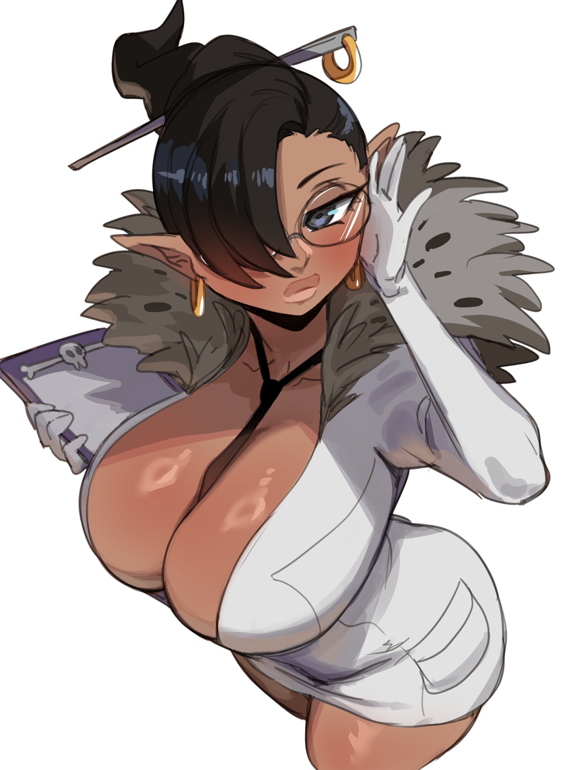 1girls, big breasts, black hair, blue eyes, breasts, capcom, clipboard, dark skin, dark-skinned female, earrings, female, female only, glasses, hair over one eye, hi res, huge breasts, lightsource, looking at viewer, necktie, pointy ears, round glasses, solo, sprocket, sprocket (viewtiful joe), suit, tied hair, viewtiful joe, white background