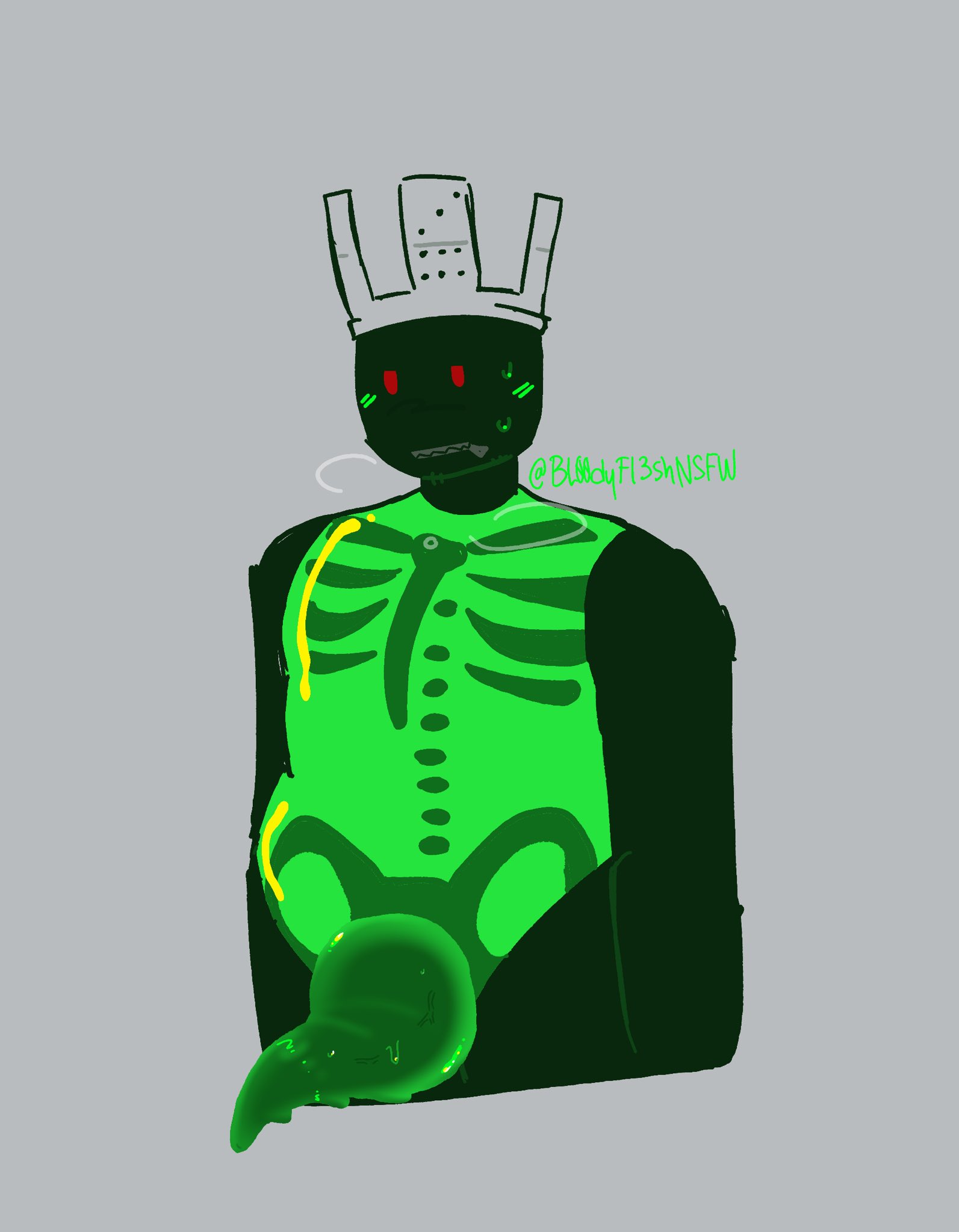 1boy, 1x1x1x1, 1x1x1x1 (forsaken), bl00dyfl3sh, black body, black skin, blush, crown, domino crown, forsaken (roblox), green blush, green penis, green stomach, grey background, hat, headwear, male, penis, red eyes, roblox, roblox game, robloxian, skeleton, solo, solo male, standing, sweat, sweating, tentacle penis, twitter username, zipper mouth