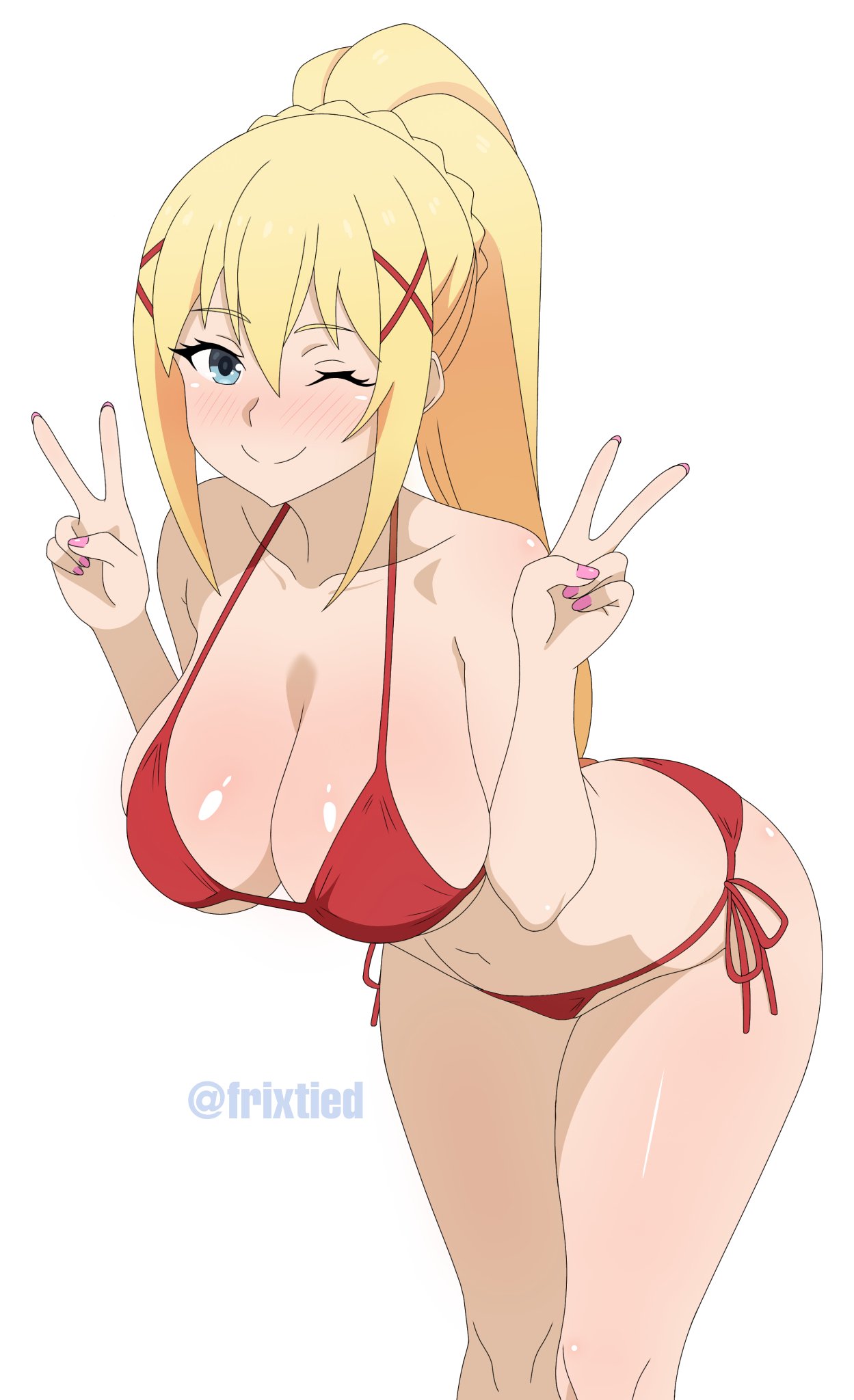 1girls, bent forward, bent over, big breasts, bikini, bikini bottom, bikini top, blonde hair, blue eyes, blush, bottomwear, breasts, cleavage, darkness (konosuba), female, female only, frixtied, hair, hips, huge breasts, kono subarashii sekai ni shukufuku wo!, leaning forward, ponytail, solo, solo female, swimwear, thighs, topwear removed