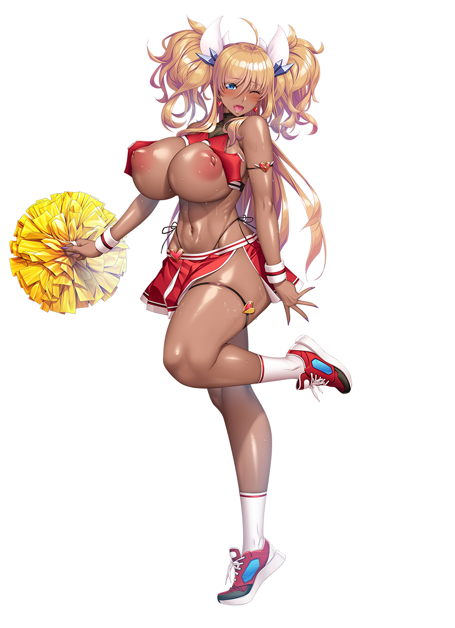 alternate costume, alternate skin color, aoi nagisa (metalder), bare arms, bare legs, bare shoulders, bikini, blonde hair, blue eyes, blush, breasts, breasts out, cheerleader, curvy, cute fang, dark skin, dark-skinned female, earrings, embarrassed, female, full body, high heels, highleg, highleg bikini, highres, inverted nipples, jewelry, long hair, miniskirt, navel, nipples, no bra, official alternate costume, official art, one eye closed, onizaki kirara, pom pom (cheerleading), pom pom (clothes), shiny skin, skirt, solo, sweat, swimsuit, taimanin (series), taimanin rpgx, tan, thong, thong bikini, twintails, wide hips