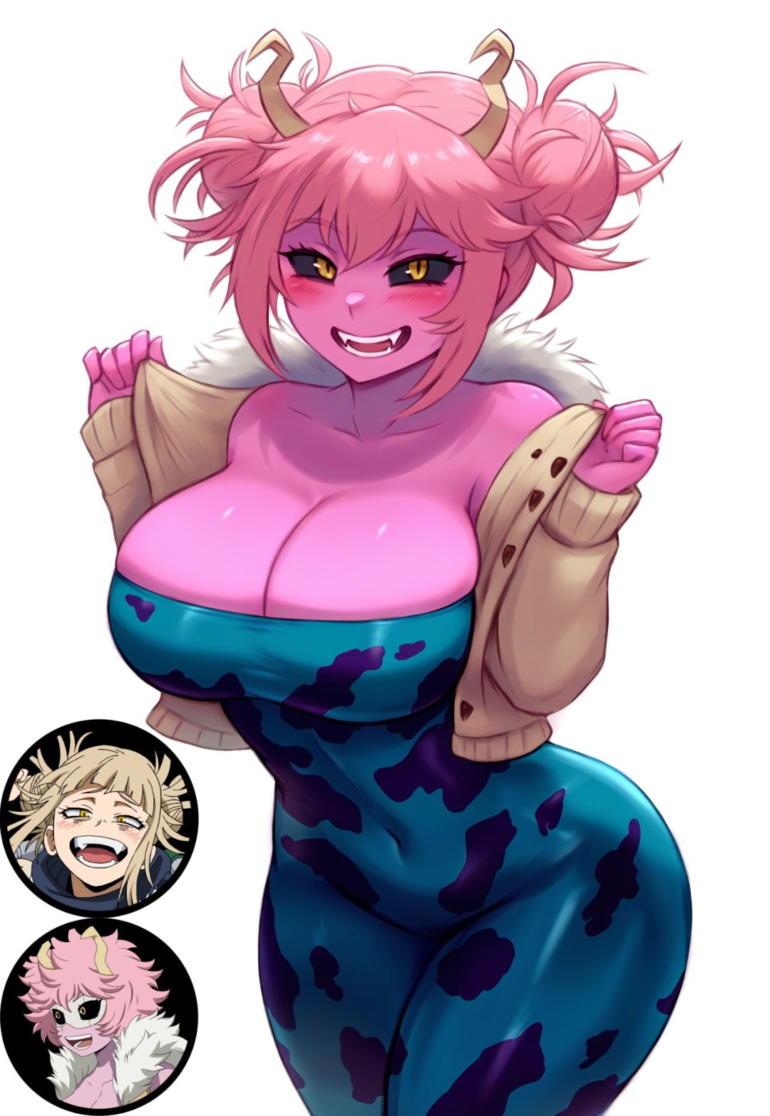 2girls ai_generated ashido_mina big_breasts black_sclera bodysuit boku_no_hero_academia cleavage curvy curvy_female fangs fur_coat fused fused_character fusion himiko_toga mina_ashido my_hero_academia narrow_waist open_mouth pink_hair pink_hair_female pink_skin pink_skinned_female toga_himiko yellow_eyes