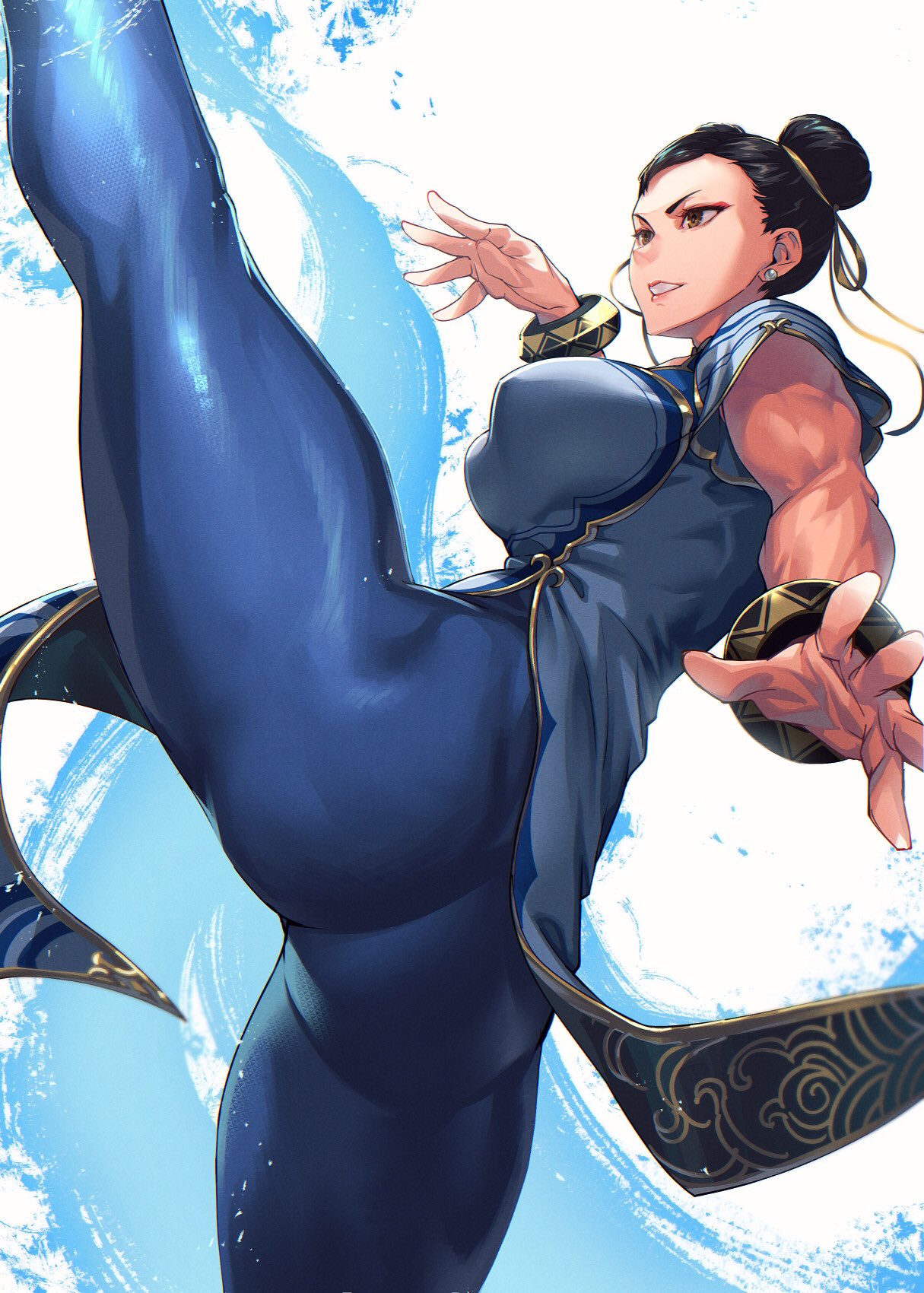 ass biceps black_hair blue_dress blue_pantyhose bracelet breasts brown_eyes china_dress chinese_clothes chun-li cowboy_shot double_bun dress earrings eyeliner female hair_bun hair_pulled_back hair_ribbon hi_res high_kick jewelry kicking large_breasts leg_up makeup mikel_bk muscular muscular_female open_mouth pantyhose parted_lips pelvic_curtain ribbon short_hair short_sleeves side_slit simple_background solo street_fighter street_fighter_6 thighs white_background