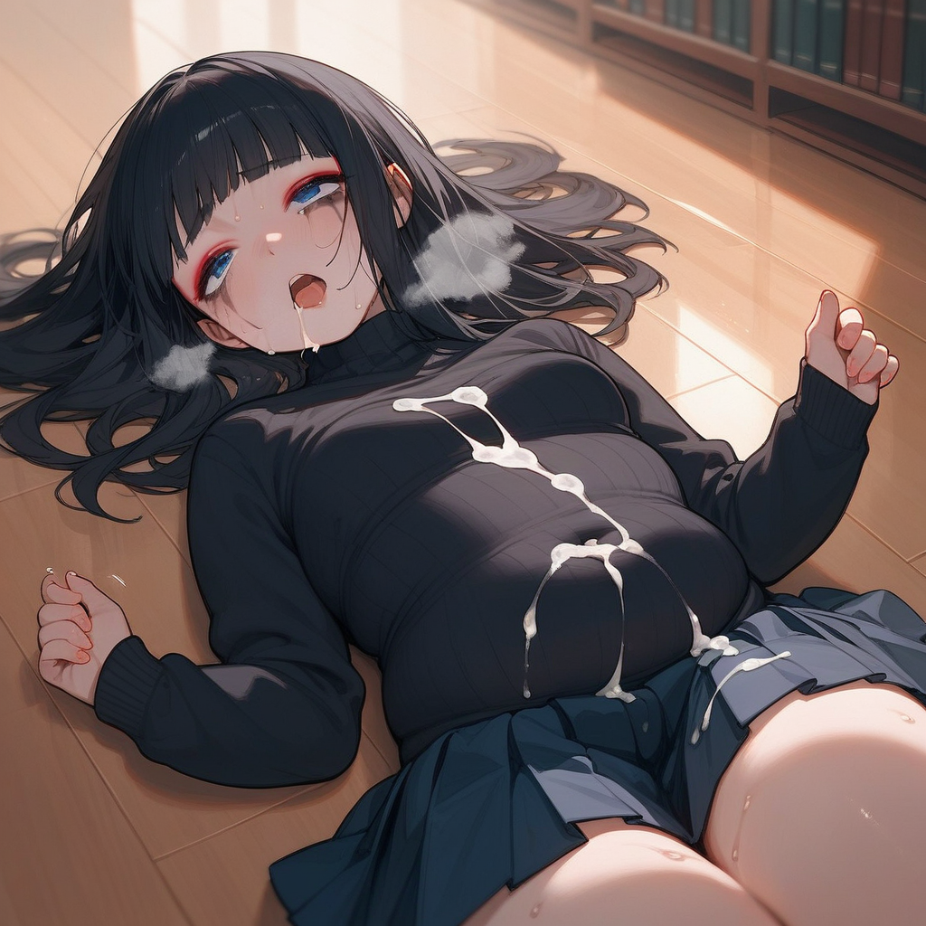 after_fellatio after_rape ahe_gao ai_generated black_hair blue_eyes blush chubby cum_on_clothes hime_cut laying_down laying_on_back original_character princess_wonderland runny_makeup saliva self_insert