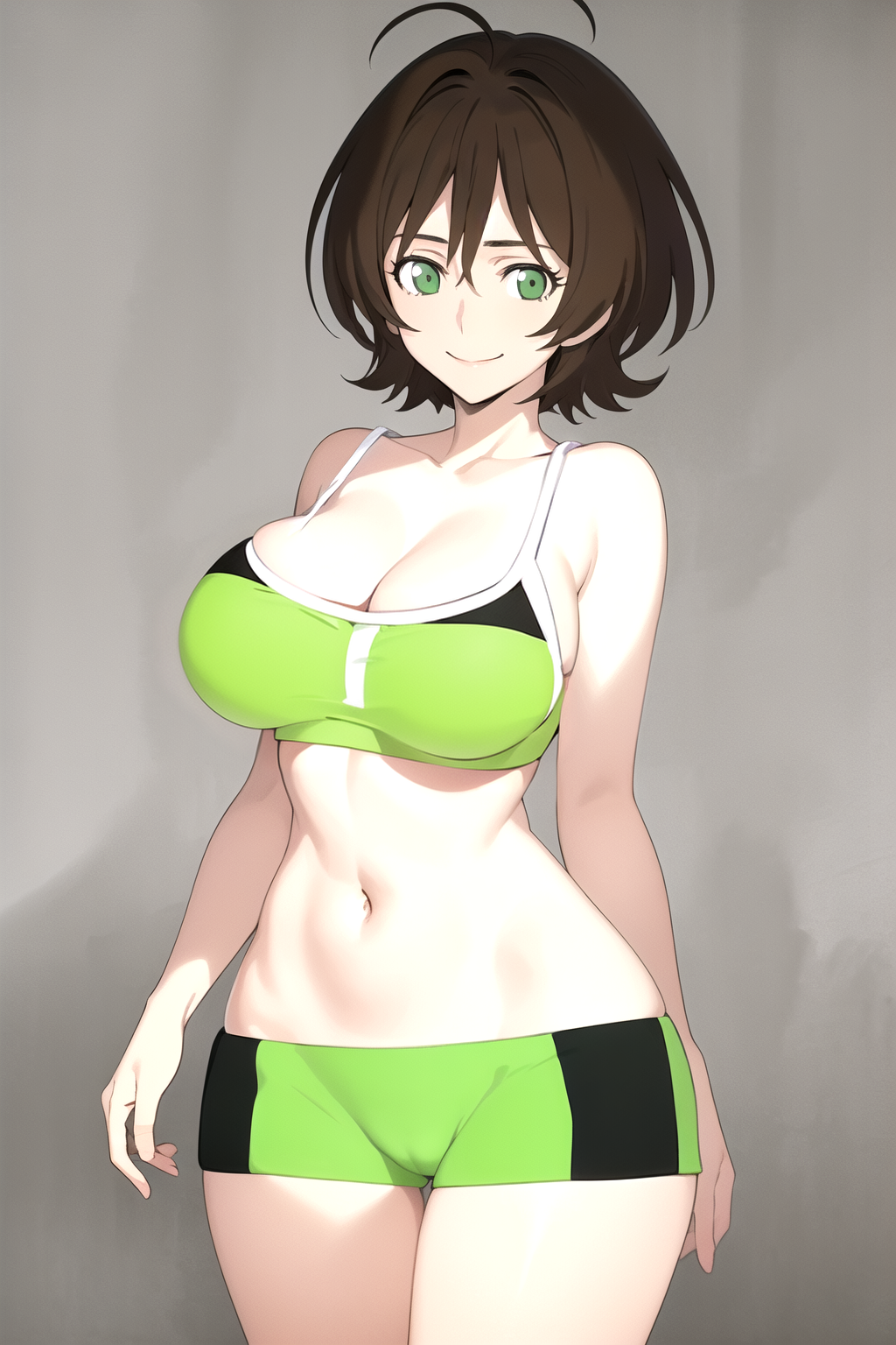 1girl ahoge ai_generated antenna_hair arms_at_sides bare_arms bare_shoulders bike_shorts black_bra black_shorts breasts brown_hair cameltoe cleavage closed_mouth collarbone cowboy_shot crop_top devilman devilman_crybaby female green_bra green_eyes green_shorts grey_background groin hair_between_eyes large_breasts looking_at_viewer midriff miki_makimura navel pixiv rena_aikawa_(pixiv_user) short_hair short_shorts shorts simple_background skindentation smile solo sports_bra sportswear stable_diffusion standing stomach tagme thigh_gap thighs two-tone_shorts two-tone_sports_bra underwear wide_hips