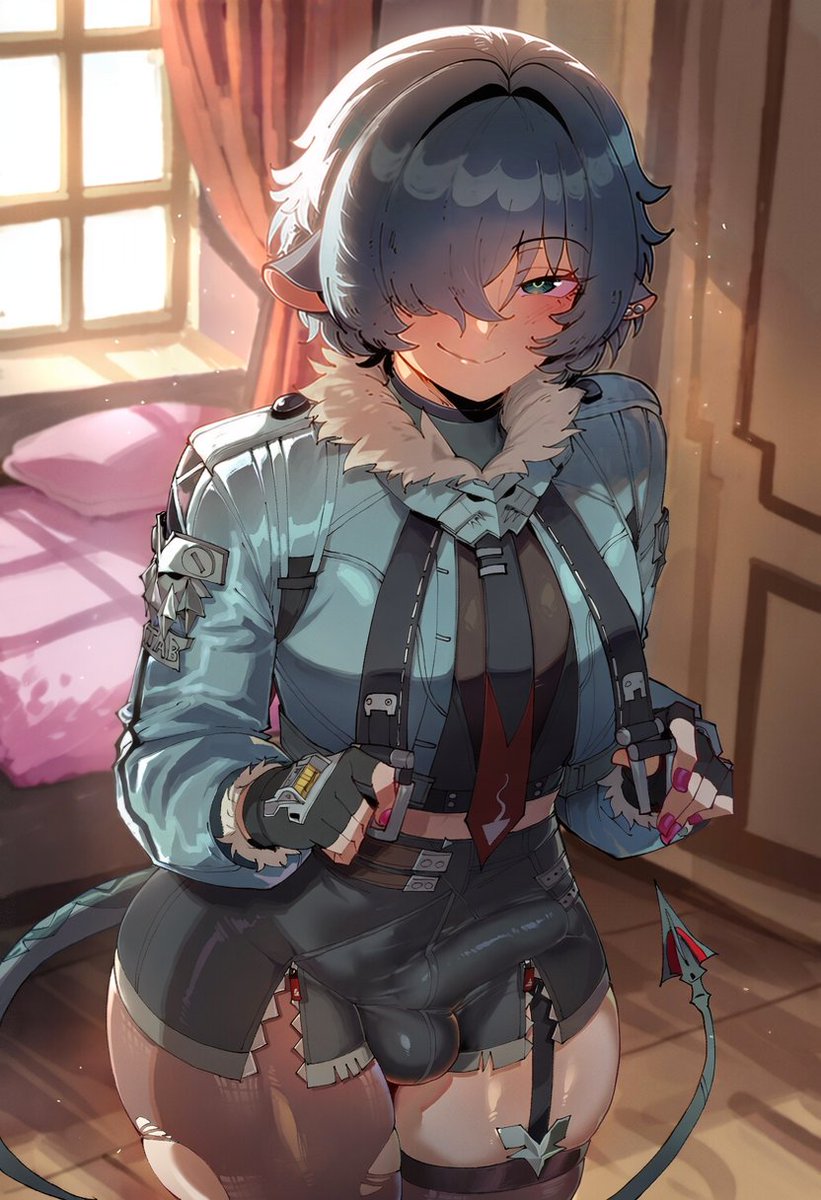 1boy, ai generated, animal ears, black hair, blush, bulge, bulge through clothing, clothing, feet out of frame, femboy, fully clothed, genderswap, genderswap (ftm), jacket, jane doe (zenless zone zero), john doe (zenless zone zero) (scopeophilia), looking at viewer, male, male only, penis, rat boy, rat ears, rule 63, sabugofedorento, short hair, shorts, smile, tail, trap, zenless zone zero