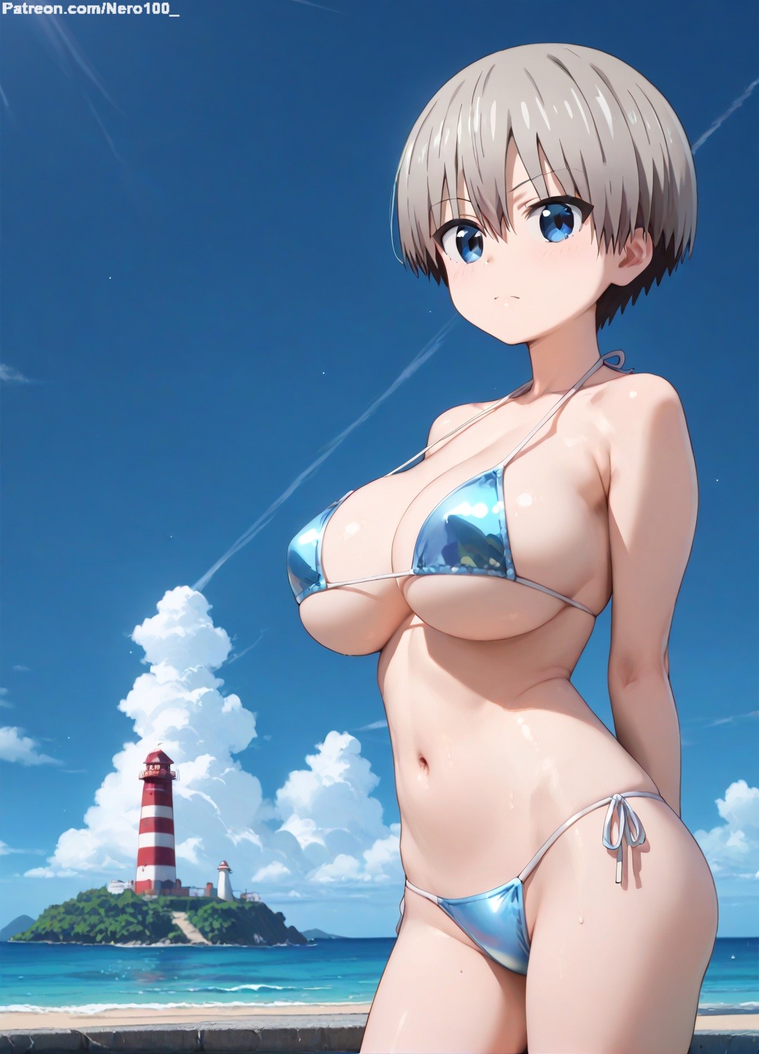 1girls 2d ai_generated areolae armpit bare_arms bare_legs bare_shoulders beach belly big_breasts bikini bikini_bottom bikini_top bob_cut breasts_bigger_than_head cameltoe chest curvy curvy_figure cute cute_face detailed eyelashes eyeshadow female female_only fit fit_female focus grey_hair hair high_quality huge_breasts large_breasts legs light-skinned_female light_skin lips lipstick looking_at_viewer makeup mascara micro_bikini nero100 outdoors pale-skinned_female pale_skin petite petite_body posing seductive seductive_look short_hair silver_hair stable_diffusion surprised tagme teenager thighs thin_waist tomboy uzaki-chan_wa_asobitai! uzaki_hana vagina very_short_hair young