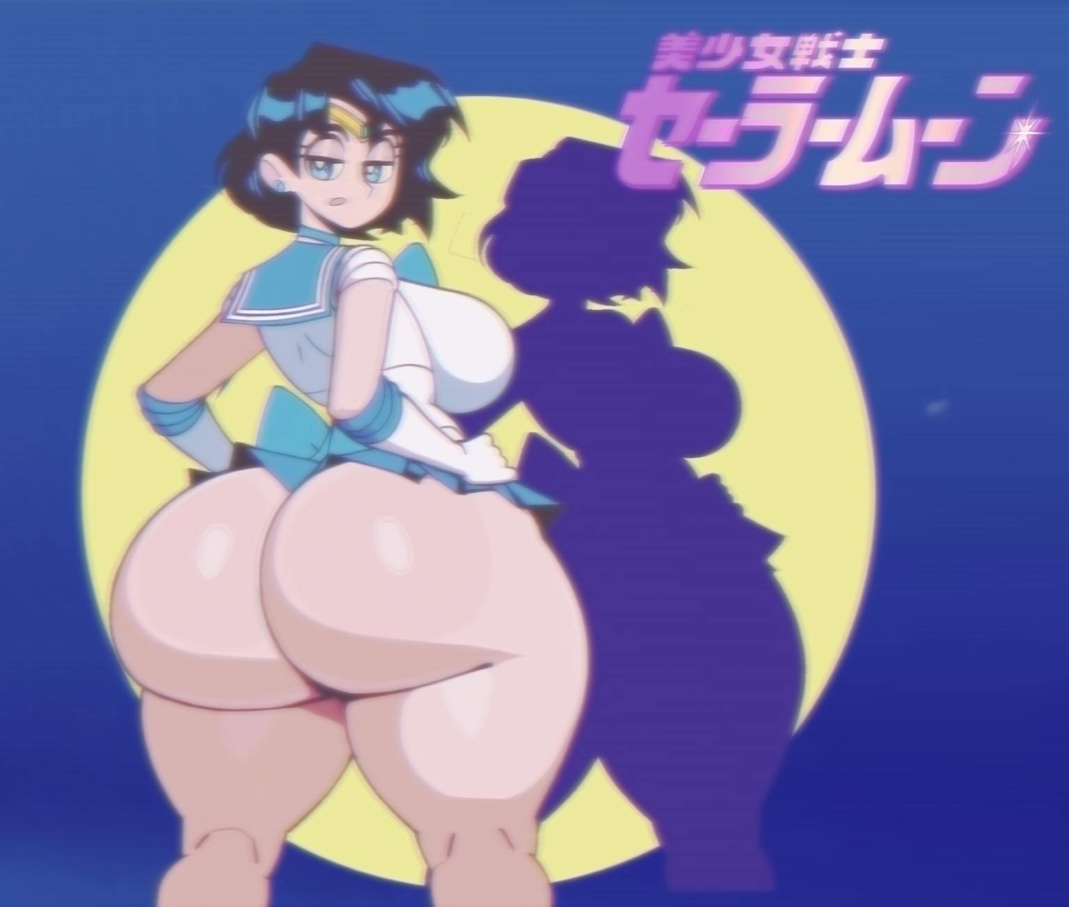 1girls 80's_theme ass big_ass big_breasts bishoujo_senshi_sailor_moon black_hair blue_skirt breasts bubble_ass bubble_butt dat_ass fat_ass female female_only hair half-closed_eyes hands_on_hips huge_ass japanese_text looking_back mauwabow miniskirt sailor_mercury sailor_senshi_uniform sailor_uniform short_hair skirt solo solo_female text thighs vintage