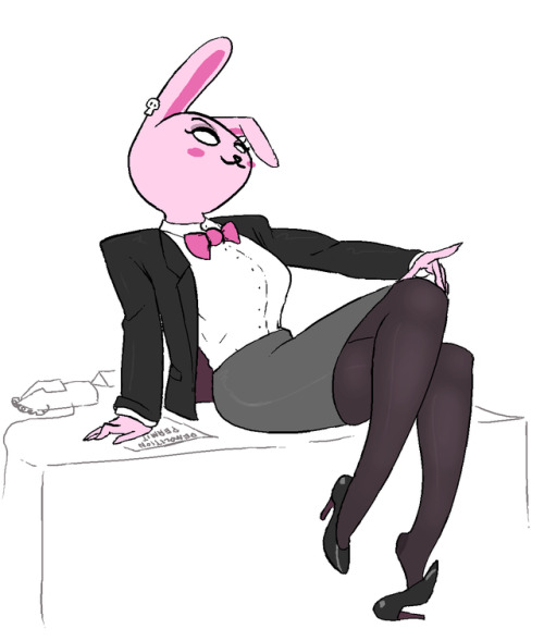 blush blushing bowtie breasts desk etcexera high_heels magician pink_fur rabbit_ears rabbit_girl skirt tagme tights